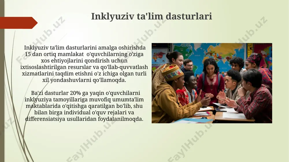 ri va moslashtirilgan texnologiyalarni sotib olishni qiyinlashtirib, inklyuziv ta'limning samaradorligini 15-20% ga pasaytiradi. inklyuziv ta'lim siyosati va qonunchiligi inklyuziv ta'limni amalga oshirish boʻyicha oʻzbekistondagi qonunchilik 2017-yildan beri inklyuziv ta'limga oʻtishni nazarda tutadi, bu jarayon 2030-yilga qadar bosqichma-bosqich amalga oshiriladi. 2010-yildan boshlab, oʻzbekiston respublikasida maxsus ehtiyojli bolalar uchun 150 dan ortiq inklyuziv ta'lim markazlari tashkil etildi, ularning aksariyati davlat tomonidan moliyalashtiriladi. kelajakdagi istiqbollar kelgusi 10 yil ichida inklyuziv ta'lim sohasidagi mutaxassislar sonini 2 baravar ko'paytirish va ularning malakasini oshirish uchun 5000 dan ortiq o'qituvchilarni qayta tayyorlash kurslarini o'tkazish rejalashtirilgan. kelajakdagi istiqbollarda inklyuziv ta'limni qo'llab-quvvatlash uchun 2030 yilgacha davlat byudjetidan 15% ga yaqin mablag' ajratish rejalashtirilgan, bu esa maktablarda zarur infratuzilmani yaratish va malakali mutaxassislarni tayyorlash imkonini beradi. muvaffaqiyatli amaliyotlar kanada maktablari inklyuziyani ta’minlash uchun ko‘p tarmoqli yondashuvni qo‘llaydi, bunda o‘quv dasturlari 20% dan ortig‘i o‘quvchilarning turli qobiliyatlarini hisobga olgan holda moslashtiriladi. yaponiyada, inklyuziv ta’limni amalga oshirishda 90% ga yaqin maktablar o‘quvchilarning …