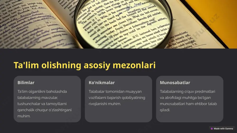 rning kuchli va zaif tomonlarini aniqlashga yordam beradi. kasbga tayyorgarlik talabalar o'z qobiliyatlarini ro'yobga chiqarish uchun tegishli kasb-hunar yo'nalishlarini tanlash mumkin. keyingi ta'lim tanlovi ta'lim olganlikni tashxis etish talabalarning qiziqishlarini ham aniqlashga yordam beradi. 6 ta'lim olganlikni tashxis etish uchun zarur bo'lgan yondashuvlar 1 xavfsiz muhit ta'lim olganlikni tashxis etish adolatli, kasbiy va xavfsiz muhitda amalga oshirilishi kerak. 2 tizimli baholash ta'lim olganlikni baholash jarayoni tizimli, to'liq va xolisona bo'lishi lozim. 3 shaxsiy yondashuv talabalarning individual xususiyatlari, imkoniyatlari va ehtiyojlarini hisobga olish muhim. 4 uzluksiz takomillashuv ta'lim olganlikni tashxis etish jarayoni doimiy ravishda yangilanib, yaxshilanib borishi kerak. 7 ta'lim olganlikni tashxis etish bo'yicha ilg'or xorijiy tajribalar singapur talabalarning o'zlari ham baholash jarayonida faol ishtirok etadi. yaponiya ta'lim olganlikni tashxis etishda hamkorlik va jamoaviy yondashuvlar qo'llaniladi. germaniya ta'lim olganlikni tashxis etishda standartlashtirilgan testlardan foydalaniladi. finlandiya ta'lim olganlikni tashxis etish jarayonida tanqidiy fikrlash qobiliyati muhim. 8 ta'lim olganlikni tashxis etish bo'yicha tavsiyalar …