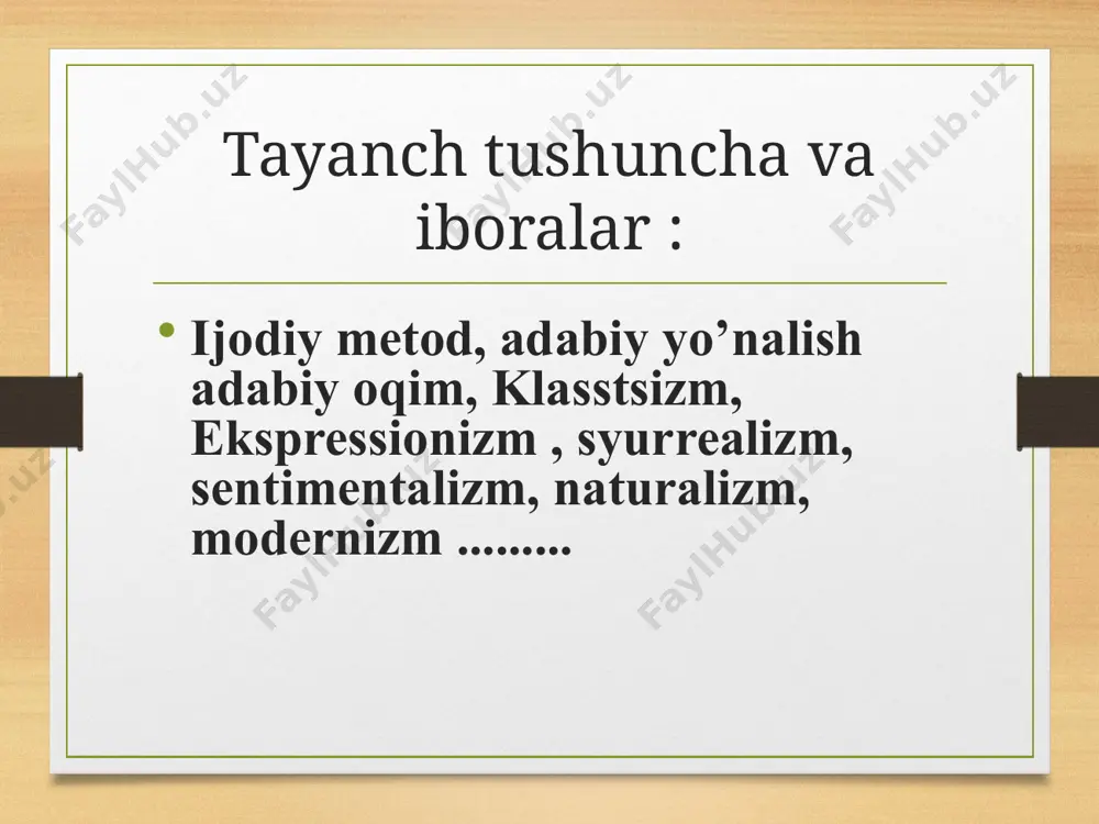 i sifatida jamiyat va kishilar hayotida avj olgan va jamiyatning rivojlanishiga toʻsiq boʻlishi mumkin boʻlgan har qanday illatlarni tasvir etishni o’zining bosh maqsadi qilib belgilab olgan. badiiy obraz borliqning san’atkor ko’zi bilan ko’rilgan va ideali asosida ijodiy qayta ishlangan aksi. ijodkor badiiy obraz vositasida fikrlaydi, borliqni ijodiy qayta yaratadi. bilimingizni sinab ko’ringchi adabiy yo’nalish nima? jahon adabiyotidagi adabiy yo’nalish va oqimlar haqida nimalarni bilasiz? b i l a m a n bilishni istayman b i l i b o l d i m javoblaringizni tekshirib oling . siz uchun yangi ma’lumot bo’lsa daftaringizga qayd etib qo’ying adabiy yo’nalish –nima? adabiy yo’nalish - adabiy jarayon bilan bog’liq kategoriya. adabiy oqim- adabiy jarayonning muayyan bosqichida bir guruh yozuvchilarning estetik dasturi, ya’ni, hayotni idrok qilish va badiiy ifodalsh tamoyillarining umumiyligi . muayyan bir adabiy oqimga mansub yozuvchilar hayotdan mavzu tanlash va uni aks ettieishda,syujet va kompozitsiyada, xarakter yaratish va badiiy til mahoratida, uslub …