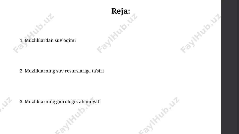 pomir tog'laridagi muzliklarning erishi natijasida hosil bo'lgan suvlar, surxondaryo viloyatidagi 5000 gektar maydonga yaqin yerlarni sug'orish uchun ishlatiladi, bu esa aholi uchun zarur bo'lgan meva va sabzavotlarning yetishtirilishiga yordam beradi. muzliklardan oqib tushadigan suvlar, o'zbekistonning farg'ona vodiysidagi 150 ming gektardan ortiq paxta dalalarini sug'orishda muhim rol o'ynaydi, bu esa mintaqaning iqtisodiyotini sezilarli darajada qo'llab-quvvatlaydi. muzliklar va daryolar o'rtasidagi bog'liqlik pomir tog'laridagi muzliklarning erishi natijasida yiliga taxminan 10 kub kilometr suv pyanj daryosiga qo'shilib, amu daryoning suv miqdorini sezilarli darajada oshiradi. qirg'izistonning tien-shan tog'laridagi inylchek muzligi kabi katta muzliklarning erishi natijasida amudaryo suvining 15-20% ni tashkil etadi va bu oqimning yillik o'zgarishi juda katta. muzliklarning erishi va oqimlar pomir togʻlaridagi muzliklarning tez erishi natijasida amudaryo va sirdaryo daryolariga tushadigan suv oqimining 10-15% ga kamayishi prognoz qilinmoqda, bu mintaqaning suv taʼminotiga salbiy taʼsir koʻrsatadi. muzliklarning erishi natijasida, masalan, oʻzbekistonning togʻli hududlarida joylashgan muzliklardan oqadigan daryolar yillik oqim hajmini 15-25% gacha taʼminlaydi, bu …