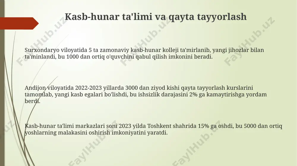 n ortiq yangi ish o'rinlari yaratildi, bu umumiy ko'rsatkichning 25 foizini tashkil etadi. bandlikka ko'maklashuvchi texnologiyalar va platformalar тошкент шаҳридаги 500 дан ортиқ ёшлар онлайн платформалар орқали касб-ҳунарга ўқитиш ва ишга жойлашиш бўйича 2023 йилда 80% муваффақиятга эришди. самарқанддаги "hunarmand" платформаси орқали 3000 дан зиёд ҳунармандлар ўз маҳсулотларини онлайн сотиш ва бу орқали 20% даромадни ошириш имкониятига эга бўлди. андижон вилоятида 2024 йилгача 10000 дан ортиқ фермер хўжаликларига замонавий қишлоқ хўжалиги технологиялари ва онлайн бозор платформаларига кириш имкониятини яратиш режалаштирилган. migrantlarning bandligini ta'minlash тошкент вилоятидаги мева-сабзавот етиштириш фермер хўжаликларида 5000 дан ортиқ мигрант иш билан таъминланган бўлиб, бу соҳадаги мавсумий иш ўринларини расмийлаштириш муҳим аҳамиятга эга. андижондан 1000 дан ортиқ мигрант россиянинг самара шаҳрига кўчиб ўтиб, тегишли касбий сертификатларга эга бўлиб, ўз малакаларига мос иш топиш имкониятини оширишди. 2022 йилда россия ва қозоғистонга мигрантларнинг 30% дан ортиғи қурилиш соҳасида ишлаган бўлиб, уларнинг малака ошириш дастурларига қўшилиши бандлигини янада ошириши мумкин. …