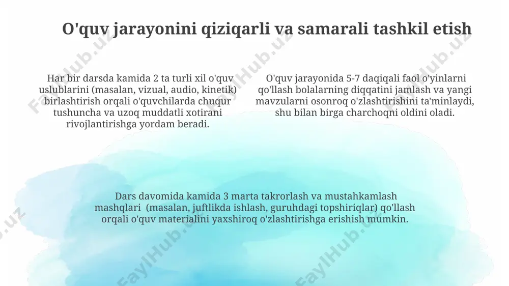 iy yozuvlarini baholashda 3 ta mezon (grammatika, uslub, mazmun) qo'llash va ularning individual yutuqlarini kuzatish muhim. birinchi sinf ona tili darslarida chiroyli yozuv bayonnomalarini yuritish metodologiyasi har bir darsda kamida 3 ta o'quvchining yozuv namunalarini bayonnomaga kiritish, ularning o'rtacha ko'rsatkichlarini hisoblash orqali sinfning umumiy yozuv rivojlanish dinamikasini kuzatish imkonini beradi. birinchi sinf o'quvchilarining yozuv ko'nikmalarini baholash uchun 5 balldan iborat shkala qo'llash, har bir ballga mos keladigan mezonlarni aniq belgilash va ularni dars davomida izchil qo'llash yozuv bayonnomalarining aniqligi va obyektivligini ta'minlaydi. yozuv bayonnomalarini rangli qalamlar yordamida bezash, har bir o'quvchining ishiga ijobiy baho berish va rag'batlantiruvchi izohlarni yozib qoldirish, bolalarning yozishga bo'lgan qiziqishini oshirishga yordam beradi. kuzatuv va eslab qolish qobiliyatlarini rivojlantirish o'quvchilarga har bir darsda 2-3 ta yangi so'z va ularning tasvirlarini o'rgatish, so'ngra so'zlarni jumla tarkibida qo'llash mashqlari lug'at boyligini va eslab qolish qobiliyatini oshiradi. birinchi sinf o'quvchilarining kuzatuv ko'nikmalarini rivojlantirish uchun 5-7 ta rang-barang rasmli vizual …