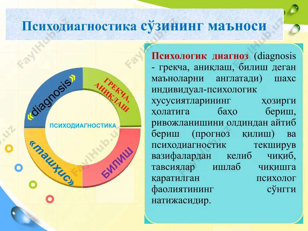 o'rganish ham kiradi. 4. psixodiagnostikaning eksperimental metodlari. psixodiagnostikada mazkur sxema asosida xulq-atvorni kuzatishning 12 xil tipini aniqlash va ko'rish mumkin, unda 6 ta ijobiy va 6 ta salbiy ko'rinishlarni ifodalab berilgan. psixodiagnostika ishlari guruxda yoki yakka holda o'tkaziladi. bu asosda amaliy psixologlar quyidagi vazifalarni bajaradi: 1. yosh davri taraqqiyoti mezonlariga muvofikdigini ongli 3. ota-onalar, ota-onalik huquqidan mahrum qilinganlardan tashqari mutaxassis psixolog psixodiagnostik tadqiqot natijalari asosida tayyorlagan xulosalarini bilishga haqlidir. psixolog o'z navbatida ota-onalarning o'z farzandlari ruhiyati haqidagi savollariga to'liq ishonchli va haqkoniy javob berishi shartdir. 4. psixologik tashxis natijalari, shaxs tarasqiyotiga ta'sir qiluvchi har xil omillarni hamda ota-onalarning, pedagoglarning fikrlarini inobatga olmasdan, bolaning ta'lim va tarbiyasiga taalluqli takliflarni hal qilishga asos bo'la olmaydi. 5. ta'lim tizimida ishlayotgan psixolog, psixologik tashxis ishlarini, o'qituvchi va tarbiyachi bilan hamkorlikda olib borgan holda, ularni bola ruhiyati haqida zarur ma'lumotlar bilan ta'minlab borishi shart. psixodiagnostikada har bir psixik jarayonlar o'rganiladi va ularning darajalari o'lchanadi. psixik …