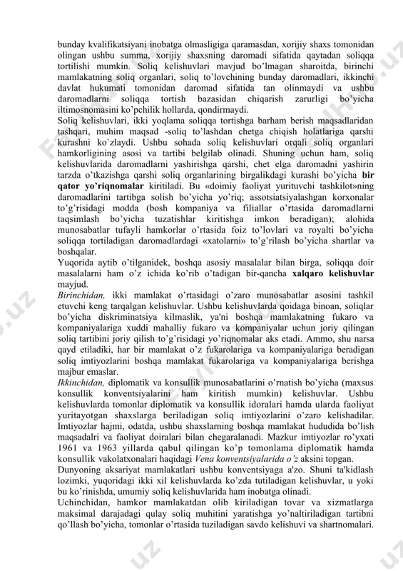 a soliqlarni to’lashda xalqaro chetga chiqish imkoniyatlarining ancha pastligidir. uchinchi bosqichda, hamkor mamlakatlarda soliqqa tortiladigan daromadlarni turlicha aniqlash sababli kelib chiqadigan ikki yoqlama soliqqa tortishga barham beriladi. bunday ikki yoqlama soliqqa tortish, odatda, soliq organlarining o’z vakolatlari doirasida soliqlarni undirish uchun soliq to’lovchilar daromadlarini qayta taqsimlash bo’yicha harakatlaridan kelib chiqadi. aksariyat mamlakatlarda soliq organlariga bunday huquq ichki qonunchilikda ko’zda tutilgan bo’lib, tadbirkorlik daromadlari, foiz va royalti to’g’risidagi kelishuv moddalari bilan tasdiqlanadi. masalan, 1977 yilda qabul qilingan dcrt shakliy konventsiyasining tadbirkorlik daromadlari to’g’risidagi moddalariga binoan, «doimiy faoliyat yurituvchi tashkilot»ning foydasi soliq ma'muriyati tomonidan xuddi shunday faoliyat turi bilan shug’ullanuvchi korxona, tashkilotning foydasi kabi hisob-kitob qilinishi mumkin; foiz va royalti haqidagi moddada esa, kreditor va qarzdor o’rtasidagi alohida kelishuvlar natijasida kelib chiqadigan o’zgarishlarga barham berish to’g’risida so’z boradi. ammo, uz-o’zidan ma'lumki, agar biror mamlakat mahalliy korxonalarga nisbatan soliqqa tortiladigan daromadni yoki biror shaxsni, xorijiy shaxs foydasiga o’tkazgan va xarajat sifatida aks ettirilgan …