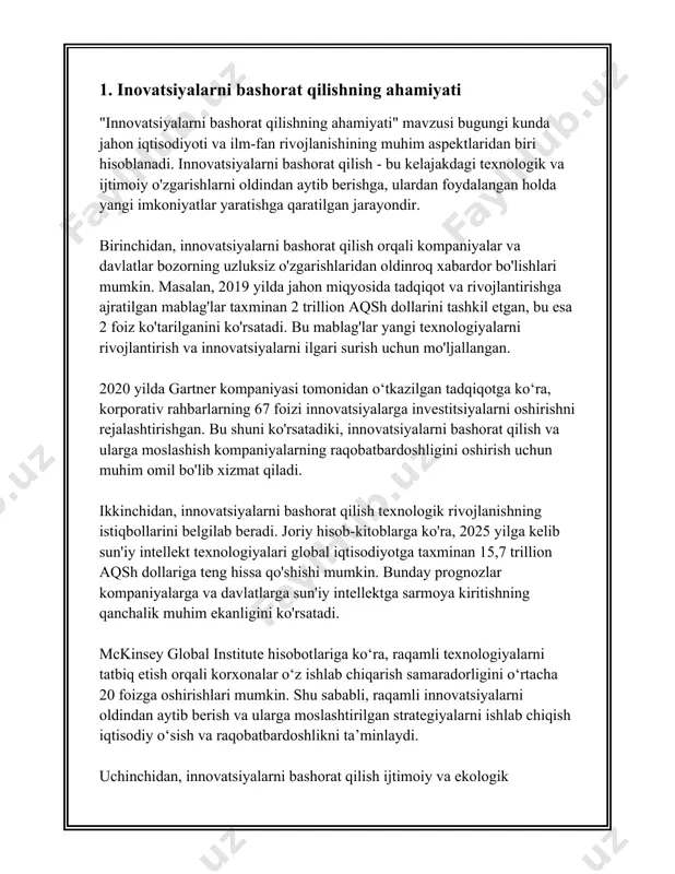 atga ega. ushbu strategiyalar korxonalarga raqobatbardoshlikni oshirish, bozorda o'z o'rnini mustahkamlash va yangi imkoniyatlardan foydalanish imkoniyatini beradi. innovatsion strategiyalarni to'g'ri tanlash orqali korxonalar yangi mahsulotlar va xizmatlarni ishlab chiqishi, jarayonlarni optimallashtirishi va iste'molchilar ehtiyojlarini yaxshiroq qondirishi mumkin. 1. **innovatsion strategiyalarning turlari**: korxonalar turli xil innovatsion strategiyalarni qo'llashi mumkin, jumladan, mahsulot innovatsiyasi, jarayon innovatsiyasi, xizmat ko'rsatish innovatsiyasi va tashkilot innovatsiyasi. mahsulot innovatsiyasi yangi yoki yaxshilangan mahsulotlarni yaratishni o'z ichiga oladi. jarayon innovatsiyasi esa ishlab chiqarish yoki xizmat ko'rsatish jarayonlarini yanada samarali qiluvchi texnologiyalar va metodlarni qo'llashdir. xizmat ko'rsatish innovatsiyasi esa mijozlarga ko'rsatilayotgan xizmatlar sifatini va xilma-xilligini oshirish maqsadida amalga oshiriladi. tashkilot innovatsiyasi korxonaning tuzilmasi, menejment jarayonlari va ishchi kuchidan samarali foydalanishni takomillashtirishni o'z ichiga oladi. 2. **innovatsion strategiyalarni amalga oshirish**: innovatsion strategiyalarni muvaffaqiyatli amalga oshirish uchun korxonalar innovatsion madaniyatni rivojlantirishlari lozim. bu xodimlarga yangi g'oyalar bilan chiqish uchun imkoniyat va rag'bat yaratishni taqozo etadi. shuningdek, korxonalar texnologik rivojlanishni kuzatib borishlari va …