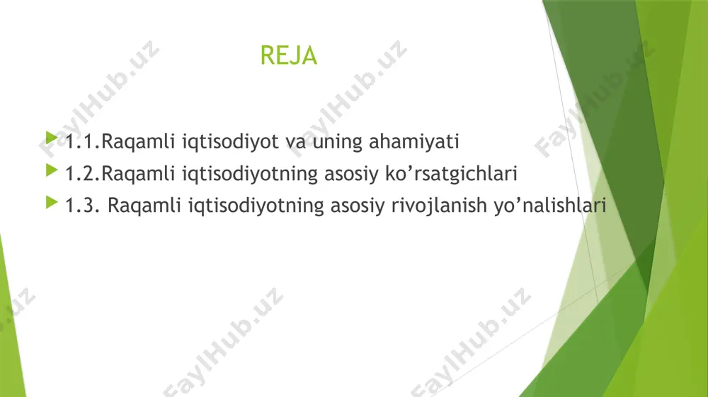 simsiz, optik 2-bosqich:  on-line platformalar (qidiruv tizimlari, elektron savdo maydonlari, masofaviy ta’lim, ijtimoiy tarmoqlar)  bulutli va virtual texnologiyalar 3-bosqich:  katta ma’lumotlarning prediktiv analitikasi, narsalar interneti, robototexnika, additiv texnologiyalar (shu jumladan, 3d-printerlar), sun’iy intellekt (shu jumladan, mashina yordamidagi ta’lim jarayoni) 1.2.raqamli iqtisodiyotning asosiy ko’rsatgichlari hozirgi kunda jahon miqyosida raqamli iqtisodiyotni umumiy bir ma’noda tushunish mavjud emas, shunday bo‘lsada, uning ko‘plab ta’riflari mavjud. masalan, raqamli iqtisodiyot – jarayonlarni tahlil qilish natijalaridan foydalanish va katta hajmdagi ma’lumotlarni qayta ishlash asosida turli xildagi ishlab chiqarishlar, texnologiyalar, asbob-uskunalar, tovarlar va hizmatlarni saqlash, sotish va yetkazib berish samaradorligini jiddiy ravishda oshirishga imkon beradigan va raqamli ko‘rinishdagi ma’lumotlar asosiy ishlab chiqarish omili deb sanalgan xo‘jalik faoliyatidir. raqamli (elektron) iqtisodiyot hamda elektron tijorat bu – axborot, jumladan, shaxsiy axborotdan foydalanish hisobiga barcha qatnashchilarning ehtiyojlarini maksimal darajada qondirishning o‘ziga xos xususiyati bo‘lgan iqtisodiyot turidir. o‘zbekistonda elektron tijoratning rivojlanishini to‘xtatib turgan bir qator muammolar va kamchiliklarni aytib …