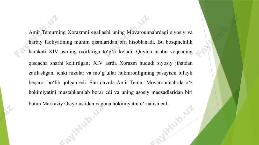 edi. temur ko‘hna urganchga yurish qiladi, shahar taslim bo‘ladi. husayn sufi qochadi, temur bu yurishni vaqtincha yakunlaydi. ▶ 1379–1380-yillardagi yurish husayn sufi vafotidan so‘ng uning ukasi yusuf sufi hokimiyatni egallaydi. temur yana yurish qiladi, yusuf sufi sulh taklif qiladi, ammo shartlarga amal qilmaydi. 1380-yilda temur yana yurish qiladi va xorazm to‘liq bo‘ysundiriladi. yusuf sufi qatl etiladi. 1388-yil: xorazmga qattiq zarba 1388-yilda temur xorazmda yana qo‘zg‘olon ko‘tarilganini eshitadi. u shafqatsiz tarzda jazolovchi yurish qiladi. ko‘hna urganch shahrini vayron qiladi — bu xorazm tarixidagi eng katta falokatlardan biri hisoblanadi. aholining katta qismi o‘ldiriladi yoki ko‘chiriladi. shaharlar vayron etiladi, ammo ba’zilari keyin qayta tiklanadi. siyosiy boshqaruv: xorazmda temuriy tartib temur xorazmni egallagach: bu hududni o‘z imperiyasiga qo‘shdi. uni o‘ziga sodiq noiblar orqali boshqara boshladi. mahalliy boshqaruvda temuriy tartib joriy etildi: harbiy nazorat, soliqqa tortish tizimi, iqtisodiy islohotlar amalga oshirildi. shaharlar va savdo yo‘llari tiklandi, biroq urganch o‘z avvalgi darajasiga chiqolmadi. xulosa amir temurning …