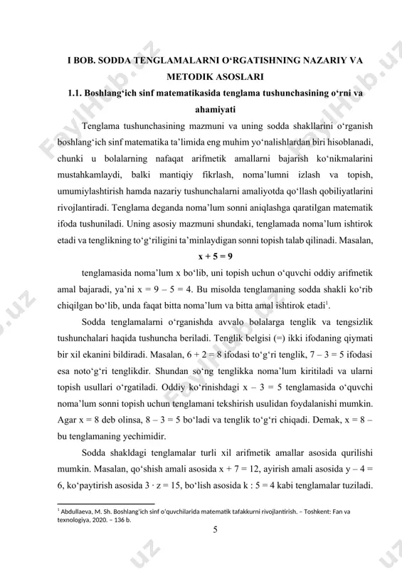 amaning yechimi y = 6 + 4 = 10 bo‘ladi, 3 · z = 15 tenglamaning yechimi z = 15 : 3 = 5 bo‘ladi, k : 5 = 4 tenglamaning yechimi k = 4 · 5 = 20 bo‘ladi. o‘quvchilar sodda tenglamalar bilan ishlash jarayonida nafaqat amallarni to‘g‘ri bajarishga, balki tenglamaning mazmunini tushunishga o‘rgatiladi. masalan, 12 – x = 7 tenglamasida noma’lumni topishda ko‘pchilik bolalar x = 12 – 7 = 5 tarzida to‘g‘ridan to‘g‘ri yechishi mumkin, lekin aslida bu masalani tahlil qilishda x ni ayriluvchi sifatida anglash muhimdir. ya’ni, 12 sonidan qanday sonni ayirsak 7 hosil bo‘ladi, degan savolga javob izlanadi. shunday qilib, x = 5 yechim sifatida olinadi. bu orqali o‘quvchilarda tahliliy fikrlash, amallar orasidagi bog‘lanishlarni tushunish va mustaqil qaror chiqarish ko‘nikmalari rivojlanadi[footnoteref:2]. [2: abduraxmonova, d. o‘quvchilarning mustaqil fikrlash faoliyatini o‘stirishda didaktik o‘yinlarning o‘rni // boshlang‘ich ta’lim, 2021, №5. – b. 45–49.] boshlang‘ich sinfda tenglama tushunchasining sodda …