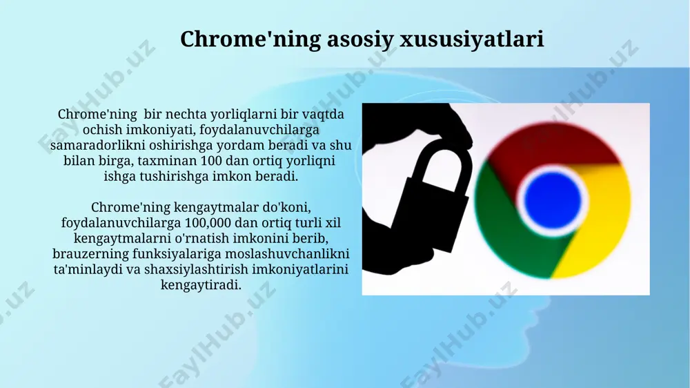 tavsiyalar beradi. chrome'ning kelajagi va istiqbollari chrome'ning kelgusi versiyalari maxfiylik va xavfsizlikni yanada kuchaytirishga qaratilgan bo'lib, firibgarlikka qarshi himoyani 15% ga oshirish va cookie fayllarini boshqarishni yaxshilashni o'z ichiga oladi. chrome'ning kelajagi sun'iy intellektga asoslangan xususiyatlarni, jumladan, real vaqtda tarjima qilish va avtomatlashtirilgan veb-qidiruvni yanada rivojlantirishni o'z ichiga oladi, bu esa foydalanuvchilarga 20% ga ko'proq samaradorlikni ta'minlaydi. e'tiboringiz uchun rahmat @taqdimot_robot image2.jpg image3.jpg image4.jpg image5.jpg image6.jpg image7.jpg image8.jpg image9.jpg image10.jpg image11.jpg image1.png