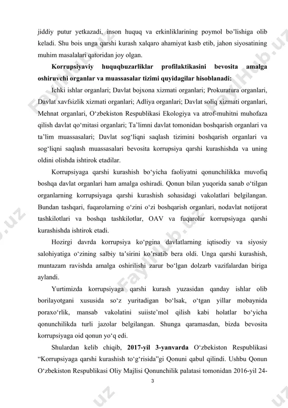 iqni saqlash tizimini boshqarish organlari va sog‘liqni saqlash muassasalari bevosita korrupsiya qarshi kurashishda va uning oldini olishda ishtirok etadilar. korrupsiyaga qarshi kurashish bo‘yicha faoliyatni qonunchilikka muvofiq boshqa davlat organlari ham amalga oshiradi. qonun bilan yuqorida sanab o‘tilgan organlarning korrupsiyaga qarshi kurashish sohasidagi vakolatlari belgilangan. bundan tashqari, fuqarolarning o‘zini o‘zi boshqarish organlari, nodavlat notijorat tashkilotlari va boshqa tashkilotlar, oаv va fuqarolar korrupsiyaga qarshi kurashishda ishtirok etadi. hozirgi davrda korrupsiya ko‘pgina davlatlarning iqtisodiy va siyosiy salohiyatiga o‘zining salbiy taʼsirini koʼrsatib bera oldi. unga qarshi kurashish, muntazam ravishda amalga oshirilishi zarur bo‘lgan dolzarb vazifalardan biriga aylandi. yurtimizda korrupsiyaga qarshi kurash yuzasidan qanday ishlar olib borilayotgani xususida so‘z yuritadigan bo‘lsak, o‘tgan yillar mobaynida poraxo‘rlik, mansab vakolatini suiiste’mol qilish kabi holatlar bo‘yicha qonunchilikda turli jazolar belgilangan. shunga qaramasdan, bizda bevosita korrupsiyaga oid qonun yo‘q edi. shulardan kelib chiqib, 2017-yil 3-yanvarda o‘zbekiston respublikasi “korrupsiyaga qarshi kurashish to‘g‘risida”gi qonuni qabul qilindi. ushbu qonun o‘zbekiston respublikasi oliy majlisi …