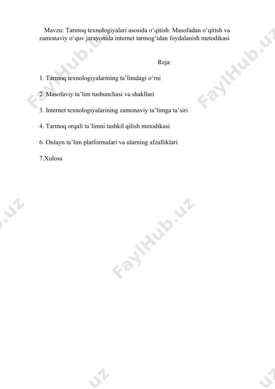 individual yondashuv imkonini beradi. ushbu tizimda turli onlayn platformalar, vebinarlar, videodarslar, test tizimlari va interaktiv vositalar orqali o‘quv jarayoni yuritiladi. masofaviy ta’lim shakllari sinxron (real vaqt rejimida) va asinxron (turli vaqtda) turlarga bo‘linadi. sinxron shaklga misol qilib zoom, google meet, microsoft teams orqali o‘tkaziladigan darslarni keltirish mumkin. asinxron shaklda esa talabalar tayyor dars materiallarini o‘zlariga qulay vaqtda o‘zlashtiradilar. masofaviy ta’lim ayniqsa kasbiy rivojlanishda ahamiyatli. ko‘plab muhandislik, dasturlash, tibbiyot, iqtisodiy yo‘nalishlarda onlayn kurslar mavjud. bu kurslar o‘quvchiga o‘z vaqtida, o‘z ehtiyojiga mos ravishda bilim olish imkonini beradi. shu tarzda ta’lim doimiy va moslashuvchan bo‘lib qoladi. masofaviy ta’lim ikki asosiy shaklda bo‘ladi: 1. sinxron (real vaqt rejimida): o‘quvchilar va o‘qituvchilar bir vaqtning o‘zida darsda ishtirok etishadi. zoom, google meet, microsoft teams kabi platformalarda amalga oshiriladi. bu shaklda jonli muloqot, savol-javob, muhokama bo‘ladi. 2. asinxron (har kim o‘z vaqti bilan): dars materiallari oldindan yozib olinadi yoki yuklanadi. o‘quvchi mustaqil o‘rganadi. moodle, youtube, google …