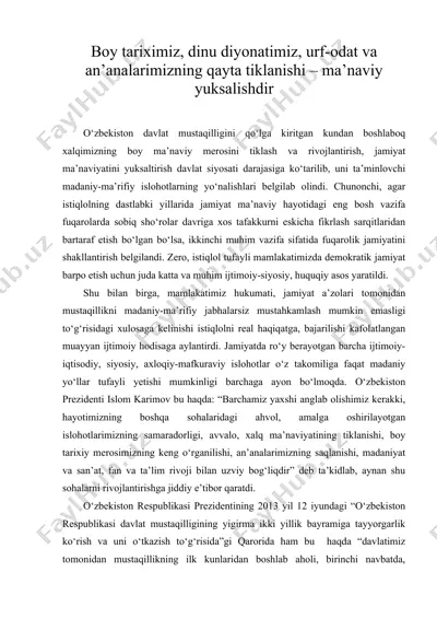 boy tariximiz, dinu diyonatimiz, urf-odat va an’analarimizning qayta tiklanishi – ma’naviy yuksalishdir — DOC