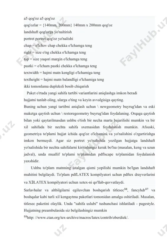 kerak bo'lsa (masalan, keng va uzun jadval), unda muallif to'plami to'plamidan pdflscape to'plamidan foydalanish yaxshidir. ushbu to'plam matnning istalgan qismi yopilishi mumkin bo'lgan landshaft muhitini belgilaydi. to'plam pdflatex kompilyatori uchun pdftex drayverlarini va xǝlatex kompilyatori uchun xetex-ni qo'llab-quvvatlaydi. sarlavhalar va altbilgilarni egiluvchan boshqarish titlesec⁵⁶, fancyhdr⁵⁷ va boshqalar kabi turli xil kengaytma paketlari tomonidan amalga oshiriladi. masalan, titlesec paketini olaylik. unda "sahifa uslubi" tushunchasi ishlatiladi - pagestyle. hujjatning preambulasida siz belgilashingiz mumkin ⁵⁵http: //www.ctan.org/tex-archive/macros/latex/contrib/oberdiek/. ⁵⁶http: //www.ctan.org/tex-archive/macros/latex/contrib/titlesec/. ⁵⁷http: //www.ctan.org/tex-archive/macros/latex/contrib/fancyhdr/. sarlavhalar va altbilgilarning bir nechta uslublari, so'ngra hujjat tanasida uslublarni almashtirish. paket sahifa uslubining bir qismi bo'lgan sarlavhalar va altbilgilarni boshqarish uchun ikkita buyruqni belgilaydi. 1 \ sethead [even-left] [even-center] [even-right] 2 {toq-chap} {toq-markaz} {toq-o'ng} 3 \ setfoot [even-left] [even-center] [even-right] 4 {toq-chap} {toq-markaz} {toq-o'ng} \ sethead buyrug'i sarlavhalarni va \ setfoot altbilgilarni belgilaydi. ikkala buyruq ham juft va g'alati sahifalar uchun chap, markaz va o'ng sarlavhalarni va altbilgilarni belgilaydi. agar barcha parametrlar …