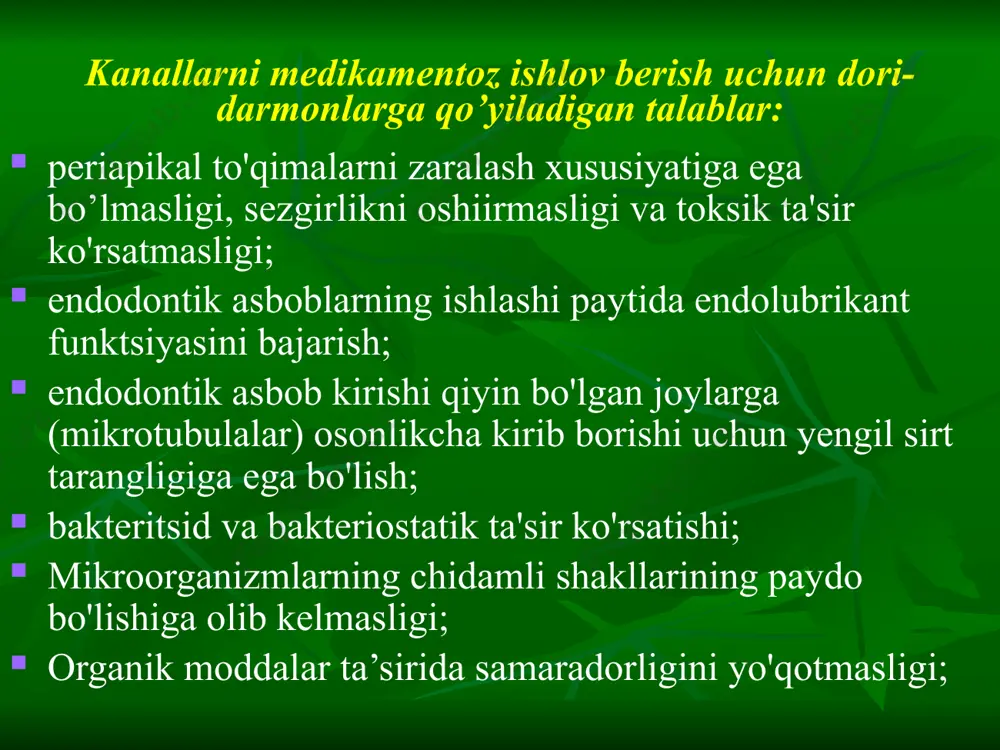 v shakllari bilan davolash; keyinchalik apeksifikatsiya bilan periodontitning barcha destruktiv shakllarini uzoq muddatli davolash; tish ildizlarining perforasiyasini va yoriqlarini davolash. antiseptik bog’lamlar(vaqtincha ildizni to'ldirish) greenazol - tarkibida metronidazol mavjud (anaerob florada ta'sir qiladi, yallig'lanish alteratsiyasi jarayonlarini pasaytiradi). pastani germetik yopish tavsiya etiladi! endokal - kaltsiy oksidi gidratiga asoslangan gel; kanalga 2-3 kun davomida qo’yiladi. absess-remedy vositasi - paraformaldegid, krezol, doljin moyi. bu yiringli pulpit, periodontitni davolashda klassik vositadir. 1-2 kun davomida kanalga qo’yiladi paraformaldegid asosidagi vaqtincha ildiz kanalini to'ldirish uchun material yodoform asosida vaqtincha ildiz kanalini to'ldirish uchun materiallar endodontik davolanishning yakuniy bosqichi kanalni doimiy to'ldirish materiallari bilan to'ldirish, kanalni to'ldirishning rentgenologik sifatini nazorat qilishdir. kariyes asoratlarini davolash tishning anatomik shakli va funktsiyasini tiklash bilan yakunlanadi. e'tiboringiz uchun tashakkur image1.jpeg image2.jpeg image3.png image4.png image5.png image6.png image7.png image8.jpeg image9.jpeg image10.png image11.jpeg image12.png image13.png image14.jpeg image15.png image16.png image17.png image18.jpeg image19.jpeg image20.jpeg image21.jpeg image22.png image23.png image24.jpeg image25.png image26.png /docprops/thumbnail.jpeg