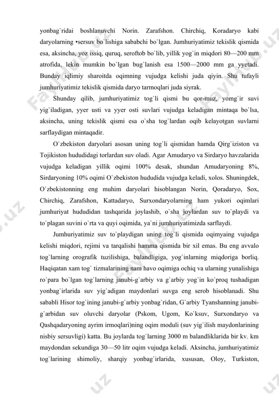 og`larning orografik tuzilishiga, balandligiga, yog`inlarning miqdoriga borliq. haqiqatan xam tog` tizmalarining nam havo oqimiga ochiq va ularning yunalishiga ro`para bo`lgan tog`larning janubi-g`arbiy va g`arbiy yog`in ko`proq tushadigan yonbag`irlarida suv yig`adigan maydonlari suvga eng serob hisoblanadi. shu sababli hisor tog`ining janubi-g`arbiy yonbag`ridan, g`arbiy tyanshanning janubi-g`arbidan suv oluvchi daryolar (pskom, ugom, ko`ksuv, surxondaryo va qashqadaryoning ayrim irmoqlari)ning oqim moduli (suv yig`ilish maydonlarining nisbiy sersuvligi) katta. bu joylarda tog`larning 3000 m balandliklarida bir kv. km maydondan sekundiga 30—50 litr oqim vujudga keladi. aksincha, jumhuriyatimiz tog`larining shimoliy, sharqiy yonbag`irlarida, xususan, oloy, turkiston, zarafshon, hisor tog`larining shimoliy, sharqiy yonbag`irlarining 3000 m. baland qismlarida bir kv. km. maydonda sekundiga 7—12 litr oqim to`planadi. o`zbekiston tog`li qismida oqim moduli yana uning mutlaq balandligiga ham bog`liq. tog`larning quyi qismida 1000—1500 m. balandliklarida oqim modulining miqdori bir km2 yuzadan sekundiga 0,5—1,0 oqim vujudga keladi, 1500—2000 m. balandlikda 7—10 litr, 2000—2500 m balandliklarda—10—17 litr, 2500— 3500 m. balandliklarda esa 20 …