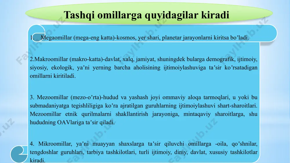 z oʼrnida muhit ham inson oldiga oʼz talablarini qoʼyadi. u insonni, uning xatti-harakatlarini qabul qilishi ham, inkor qilishi ham mumkin. muhitning insonga munosabatini insonning yurish-turishi, uning talablariga qanchalik javob berishiga qarab aniqlasa bo‘ladi. insonning xulq-atvori uning jamiyatda tutgan o‘rni bilan belgilanadi. ijtimoiylashuv vositalari inson ijtimoiylashuvi u yoki bu jamiyat ijtimoiy qatlamlariga xos bo‘gan universal vositalar orqali amalga oshiriladi, ularga: go’dakni emizish va g’amxo‘rlik qilish usullari, maishiy va gigiyenik yurish-turish qoidalari, insonni o‘rab turuvchi moddiy madaniyat mahsulotlari, ma’naviy madaniyat unsurlari(alladan boshlab ertaklargacha), muomala usuli va mazmuni, shuningdek oilada jazolash va mukofotlash uslublari, insonning hayotiy faoliyatidagi ko‘p sonli munosabatlari-muloqot, o‘yinlar, ma’naviy-amaliy faoliyat, sport bilan shug’ullanish kiradi. bolaning me’yorida rivojlanishining eng muhim shartlaridan biri bu muomala. muomala va faoliyatning yetakchi turlariga nisbatan quyidagi yosh davrlari qo’llaniladi: -go’daklik davri-bevosita hissiy-ruhiy; -go’daklikdan keyingi davr-predmetli faoliyat; -maktabgacha davr-rolli o’yinlar; -ilk maktab davri-o’quv faoliyati; - o’smirlik davri-kasb ta’limi faoliyati; -o’spirinlik davri-shaxsiy muloqot faoliyati. e’tiboringiz uchun rahmat. /docprops/thumbnail.jpeg