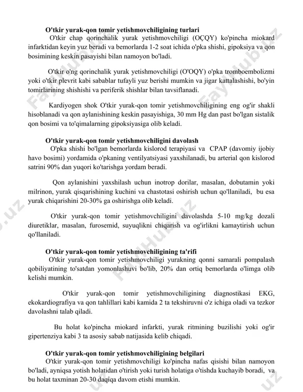 ishi, gipoksiya va qon bosimining keskin pasayishi bilan namoyon bo'ladi. o'tkir o'ng qorinchalik yurak yetishmovchiligi (o'oqy) o'pka tromboembolizmi yoki o'tkir plevrit kabi sabablar tufayli yuz berishi mumkin va jigar kattalashishi, bo'yin tomirlarining shishishi va periferik shishlar bilan tavsiflanadi. kardiyogen shok o'tkir yurak-qon tomir yetishmovchiligining eng og'ir shakli hisoblanadi va qon aylanishining keskin pasayishiga, 30 mm hg dan past bo'lgan sistalik qon bosimi va to'qimalarning gipoksiyasiga olib keladi. o'tkir yurak-qon tomir yetishmovchiligini davolash o'pka shishi bo'lgan bemorlarda kislorod terapiyasi va cpap (davomiy ijobiy havo bosimi) yordamida o'pkaning ventilyatsiyasi yaxshilanadi, bu arterial qon kislorod satrini 90% dan yuqori ko'tarishga yordam beradi. qon aylanishini yaxshilash uchun inotrop dorilar, masalan, dobutamin yoki milrinon, yurak qisqarishining kuchini va chastotasi oshirish uchun qo'llaniladi, bu esa yurak chiqarishini 20-30% ga oshirishga olib keladi. o'tkir yurak-qon tomir yetishmovchiligini davolashda 5-10 mg/kg dozali diuretiklar, masalan, furosemid, suyuqlikni chiqarish va og'irlikni kamaytirish uchun qo'llaniladi. o'tkir yurak-qon tomir yetishmovchiligining ta'rifi o'tkir …
