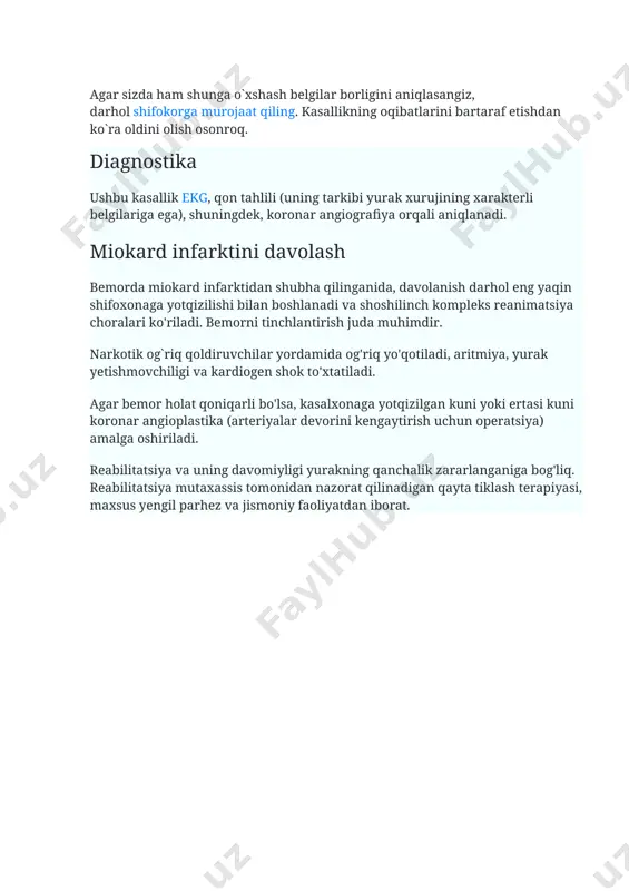 hol shifokorga murojaat qiling. kasallikning oqibatlarini bartaraf etishdan ko`ra oldini olish osonroq. diagnostika ushbu kasallik ekg, qon tahlili (uning tarkibi yurak xurujining xarakterli belgilariga ega), shuningdek, koronar angiografiya orqali aniqlanadi. miokard infarktini davolash bemorda miokard infarktidan shubha qilinganida, davolanish darhol eng yaqin shifoxonaga yotqizilishi bilan boshlanadi va shoshilinch kompleks reanimatsiya choralari ko'riladi. bemorni tinchlantirish juda muhimdir. narkotik og`riq qoldiruvchilar yordamida og'riq yo'qotiladi, aritmiya, yurak yetishmovchiligi va kardiogen shok to'xtatiladi. agar bemor holat qoniqarli bo'lsa, kasalxonaga yotqizilgan kuni yoki ertasi kuni koronar angioplastika (arteriyalar devorini kengaytirish uchun operatsiya) amalga oshiriladi. reabilitatsiya va uning davomiyligi yurakning qanchalik zararlanganiga bog'liq. reabilitatsiya mutaxassis tomonidan nazorat qilinadigan qayta tiklash terapiyasi, maxsus yengil parhez va jismoniy faoliyatdan iborat.
