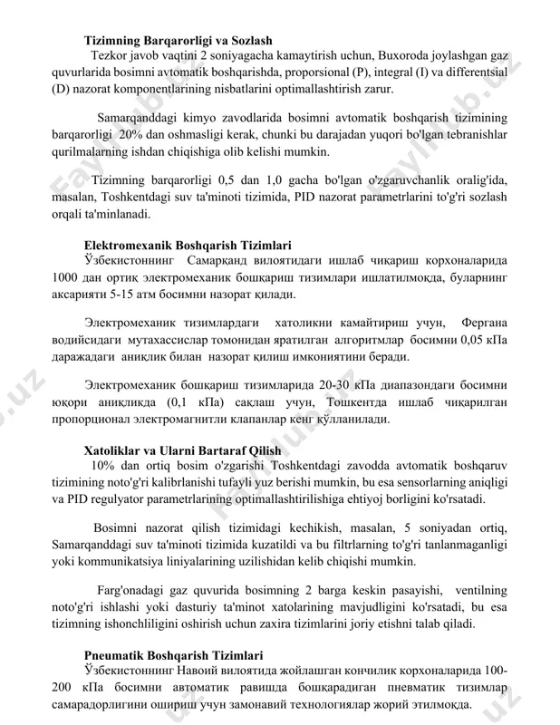 bosimni avtomatik boshqarish tizimining barqarorligi 20% dan oshmasligi kerak, chunki bu darajadan yuqori bo'lgan tebranishlar qurilmalarning ishdan chiqishiga olib kelishi mumkin. tizimning barqarorligi 0,5 dan 1,0 gacha bo'lgan o'zgaruvchanlik oralig'ida, masalan, toshkentdagi suv ta'minoti tizimida, pid nazorat parametrlarini to'g'ri sozlash orqali ta'minlanadi. elektromexanik boshqarish tizimlari ўзбекистоннинг самарқанд вилоятидаги ишлаб чиқариш корхоналарида 1000 дан ортиқ электромеханик бошқариш тизимлари ишлатилмоқда, буларнинг аксарияти 5-15 атм босимни назорат қилади. электромеханик тизимлардаги хатоликни камайтириш учун, фергана водийсидаги мутахассислар томонидан яратилган алгоритмлар босимни 0,05 кпа даражадаги аниқлик билан назорат қилиш имкониятини беради. электромеханик бошқариш тизимларида 20-30 кпа диапазондаги босимни юқори аниқликда (0,1 кпа) сақлаш учун, тошкентда ишлаб чиқарилган пропорционал электромагнитли клапанлар кенг қўлланилади. xatoliklar va ularni bartaraf qilish 10% dan ortiq bosim o'zgarishi toshkentdagi zavodda avtomatik boshqaruv tizimining noto'g'ri kalibrlanishi tufayli yuz berishi mumkin, bu esa sensorlarning aniqligi va pid regulyator parametrlarining optimallashtirilishiga ehtiyoj borligini ko'rsatadi. bosimni nazorat qilish tizimidagi kechikish, masalan, 5 soniyadan ortiq, samarqanddagi …