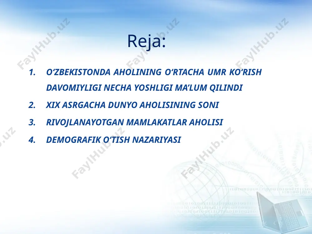 lashdi. bu jarayon fanda demografik portlash deb ataladi. dastlab demografik portlash xix asrning boshi – xx asrning birinchi yarmida g‘arbiy yevropa va shimoliy amerikada ro‘y bergan bo‘lsa, xx asrning ikkinchi yarmida esa osiyo, afrika, lotin amerikasi va okeaniyadagi rivojlanayotgan mamlakatlar aholi sonining yuqori sur’atlar bilan o‘sishida o‘z aksini topdi. rivojlanayotgan mamlakatlar aholisi yuqori tezlik bilan o‘sib kelgan bir paytning o‘zida, yevropa davlatlari va yaponiyada aholining tabiiy ko‘payishi keskin sekinlashdi. demografik portlashdan keyingi tug‘ilishning pasayib ketish jarayoni sabablarini demografik o‘tish nazariyasi yordamida izohlash mumkin. bu nazariyaga ko‘ra, jamiyatda aholining takror barpo bo‘lishi 4 ta bosqichdan o‘tib o‘zgarib boradi dastlabki, 1-bosqichda tug‘ilish bilan o‘lim juda yuqori bo‘lib, orasidagi tafovut, ya’ni aholi tabiiy ko‘payishi minimal darajada saqlanadi. bunday demografik vaziyat “an’anaviy turg‘unlik” deb ataladi. keyingi, 2-bosqich davomida o‘lim darajasi keskin kamayib, yuqorida ta’riflangan demografik portlash hodisasi ro‘y beradi. demografik o‘tishning 3-bosqichida o‘limning pasayish jarayoni o‘z poyoniga yetib, tug‘ilish darajasi kamayishni boshlaydi. yakuniy, 4-bosqichda …