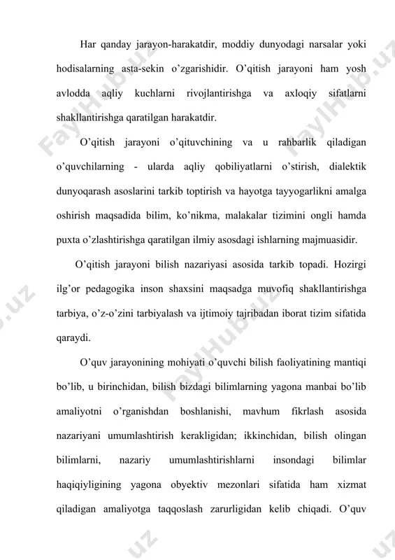 zarur. hozirgi kunning talabi o’quv jarayonini o’quvchilarda faqat takrorlashga doir fikrlashni emas, ijodiy tafakkurni ham shakllantirishdan iborat. o’qitishning boshlang’ich davrida ta’lim mazmuni o’quvchilar tomonidan umumiy qonuniyatlarga binoan o’zlashtiriladi: idrok- tushunish (anglash)-qabul qilish (reproduktiv faoliyatda-yodda tutish)- yangi sharoitlarda foydalanish. rivojlantiruvchi ta’lim sharoitida idrok etishning o’ziga xos tomoni o’quvchining o’zlashtirilmagan sohani-tenglashtirish, taqqoslash, qonuniyatlarni aniqlash, qo’yilgan muammoni hal etishning turli yo’llarini izlab topish, o’quvchi uchun optimal bo’lgan usulni amaliy tarzda o’zlashtirishdagi aktiv faoliyat paytidagi o’quvchining subyektiv holati hisoblanadi, faoliyat natijasi sifatida o’quvchi axborotni o’zlashtiribgina qolmay, jamoa izlanishga va natijalardan qoniqishga aloqadorlik hissini sezadi, anglaydi. ma’lum, o’qitish bilimlarni o’zlashtirish va bilish yo’llarini tushunishni o’z ichiga oladi. ta’lim-o’qishga rahbarlik qilish, o’quvchilarning bilish ishlarini boshqarishdir. 1. ta’lim jarayonida bir qancha metodlar mavjud bo’lib, bu metodlar o’quvchilarning o’zlashtirish darajalarini rivojlantirishga yordam beradi. o’quv materialini o’zlashtirishning bir necha darajalari mavjud. o’quv materialini o’zlashtirish darajalarini keltiramiz: 1. esga olish, xotirada tiklash – o’zlashtirish darajasi; 2. reproduktiv – o’zlashtirish darajasi; …