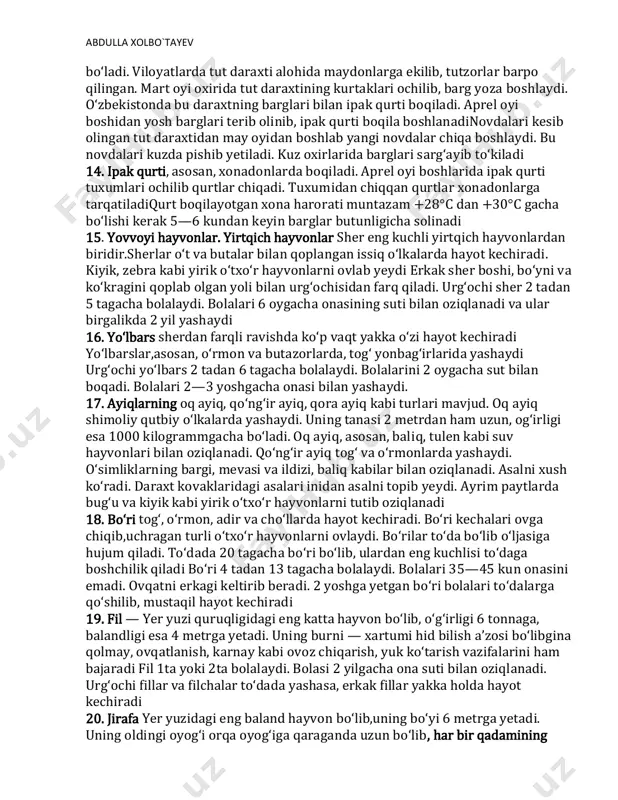 iradi 13. tut daraxti, bargi va mevasi tut daraxtining mevasi boshqa mevalarga nisbatan erta pishadi. «balxi tut» deb ataladigan navining mevasi yirik va mazali abdulla xolbo`tayev bo‘ladi. viloyatlarda tut daraxti alohida maydonlarga ekilib, tutzorlar barpo qilingan. mart oyi oxirida tut daraxtining kurtaklari ochilib, barg yoza boshlaydi. o‘zbekistonda bu daraxtning barglari bilan ipak qurti boqiladi. aprel oyi boshidan yosh barglari terib olinib, ipak qurti boqila boshlanadinovdalari kesib olingan tut daraxtidan may oyidan boshlab yangi novdalar chiqa boshlaydi. bu novdalari kuzda pishib yetiladi. kuz oxirlarida barglari sarg‘ayib to‘kiladi 14. ipak qurti, asosan, xonadonlarda boqiladi. aprel oyi boshlarida ipak qurti tuxumlari ochilib qurtlar chiqadi. tuxumidan chiqqan qurtlar xonadonlarga tarqatiladiqurt boqilayotgan xona harorati muntazam +28°c dan +30°c gacha bo‘lishi kerak 5—6 kundan keyin barglar butunligicha solinadi 15. yovvoyi hayvonlar. yirtqich hayvonlar sher eng kuchli yirtqich hayvonlardan biridir.sherlar o‘t va butalar bilan qoplangan issiq o‘lkalarda hayot kechiradi. kiyik, zebra kabi yirik o‘txo‘r hayvonlarni ovlab yeydi …