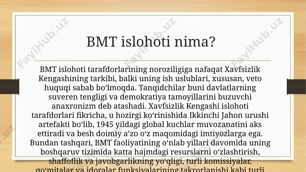 tiyozlarga ega. bundan tashqari, bmt faoliyatining o‘nlab yillari davomida uning boshqaruv tizimida katta hajmdagi resurslarni o‘zlashtirish, shaffoflik va javobgarlikning yo‘qligi, turli komissiyalar, qo‘mitalar va idoralar funksiyalarining takrorlanishi kabi turli muammolar to‘planib qolgan. bmt islohoti nima? islohot ob’ektning tabiiy, bosqichma-bosqich, tarkibiy va tubdan o‘zgarishidir. shunga asoslanib, bmt islohoti tashkilotning hozirgi davrdagi taraqqiyotga moslashuvidir. dekolonizatsiya jarayoni natijasida xalqaro maydonda jahon iqtisodiyoti va siyosatiga ta’siri kuchayib borayotgan yangi sub’ektlar turkumi paydo bo‘ldi. so‘nggi bir necha yil ichida ular global o‘sishning dvigateliga aylandi. xitoy, janubiy koreya, tailand, malayziya, singapur, hindiston, braziliya, chili, jar, birlashgan arab amirliklari va boshqa mamlakatlarning iqtisodiy yuksalishi jahon iqtisodiy taraqqiyoti markazining sharqiy yo‘nalishda harakatlanishiga olib keldi. rivojlanayotgan mamlakatlarning bmt tuzilmalarida, ayniqsa xavfsizlik kengashida faolroq ishtirok etishi masalasi ko‘tarildi. bugungi kunda bu davlatlar ko‘p tomonlama institutlarda mustahkam o‘rin egallab, global arxitekturani o‘zgartirmoqchi. shunday qilib, briks, shanxay hamkorlik tashkiloti, g7, xalqaro valyuta jamg‘armasi bmt islohotlarining amalga oshirilishini faol ravishda qo‘llabquvvatlamoqda, bu esa …