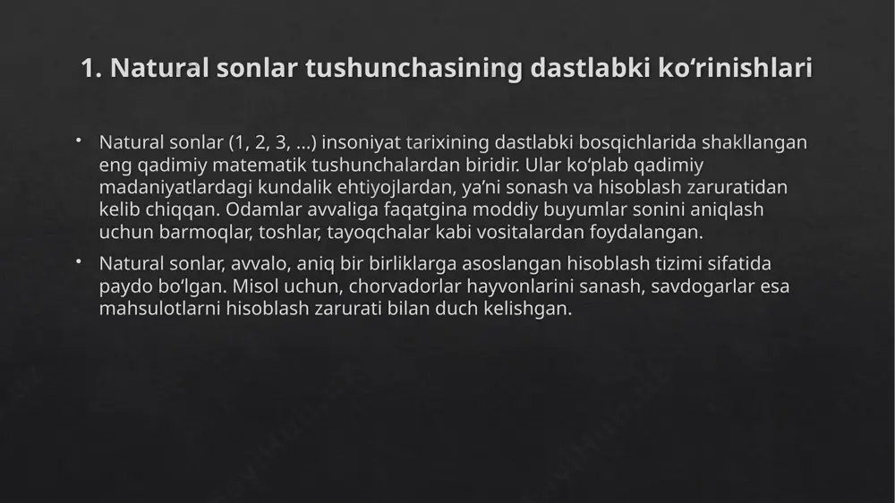 mas qismiga aylandi. 4. natural sonlar va nolning zamonaviy matematikadagi o‘rni bugungi kunda natural sonlar va nol matematikaning poydevoridir. natural sonlar sanash, tartiblash, o‘lchash, indekslash kabi har qanday matematik operatsiyaning asosida turadi. ular algebra, arifmetika, kombinatorika va boshqa ko‘plab matematik fanlar uchun zarur. nol esa sonlar tizimida ajralmas o‘rin egallaydi. u sanoq tizimlarining asosi bo‘lib, xususan o‘ringa asoslangan tizim (masalan, 10-lik yoki 2-lik) uchun zarurdir. nol sonlar orasidagi chegarani belgilaydi — ya’ni ijobiy va manfiy sonlar orasidagi o‘tish nuqtasi. shuningdek, nol dasturlash, informatika, texnika va algoritmlar nazariyasida muhim rol o‘ynaydi. kompyuter texnologiyalarida nol va bir birliklar asosida ishlaydigan ikki lik sanoq tizimi (binary system) asosiy texnik prinsipdir. nol bugungi kunda faqat matematik emas, balki mantiqiy, texnologik va nazariy jihatdan ham juda muhim ahamiyat kasb etadi. natural sonlar va nol — inson tafakkurining rivojini ko‘rsatadigan tarixiy-matematik yutuqlardir. xulosa natural sonlar va nol insoniyat tarixining muhim aqliy kashfiyotlaridan biridir. ularning rivojlanishi orqali …