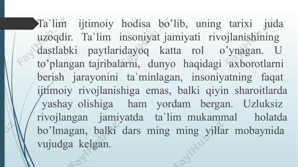 ’zlashtirgan ma’lumotlarini amalda tadbiq etishadi. hozirgi kunda o’quv muassasalarida ushbu uuldan keng foydalanilmoqda. ko’proq talaba va o’quvchilarning o’zlarinini o’qishga va izlanishga undab, uni amalda dars jarayonida namoyon etishini talab qilgan holda yaxshi natijalarga erishilmoqda. chunki shu narsa ma’lumki, inson eshitgan narsasining 5 % ini, o’qiganining 10% ini tajribada sinab ko’rishi orqali ma’lumotning 40% ini, boshqalarni o’qitish orqali esa 90% ma’lumotni eslab qolishi mumkin ekan. shu sababli dars jarayonida o’quvchilarning mavzu yuzasidan tayyorlanib kelib, shu mavzu bo’yicha o’z sinfdosh va guruhdoshlariga dars o’tib, prezentatsiya qilib bersa, o’z bilimini ham mustahkamlab oladi. o’zbekiston respublikasida ta’lim quyidagi turlarda amalga oshiriladi. ta’lim turlari 1. maktabgacha ta’lim 2. umumiy o’rta ta’lim 3. o’rta-maxsus kasb hunar ta’lim 4. oliy ta’lim 5. oliy o’quv yurtidan keyingi ta’lim 6. kadrlar malakasini oshirish va ularni qayta tayyorlash 7. maktabdan tashqari ta’lim image4.png image5.jpeg image6.jpeg /docprops/thumbnail.jpeg