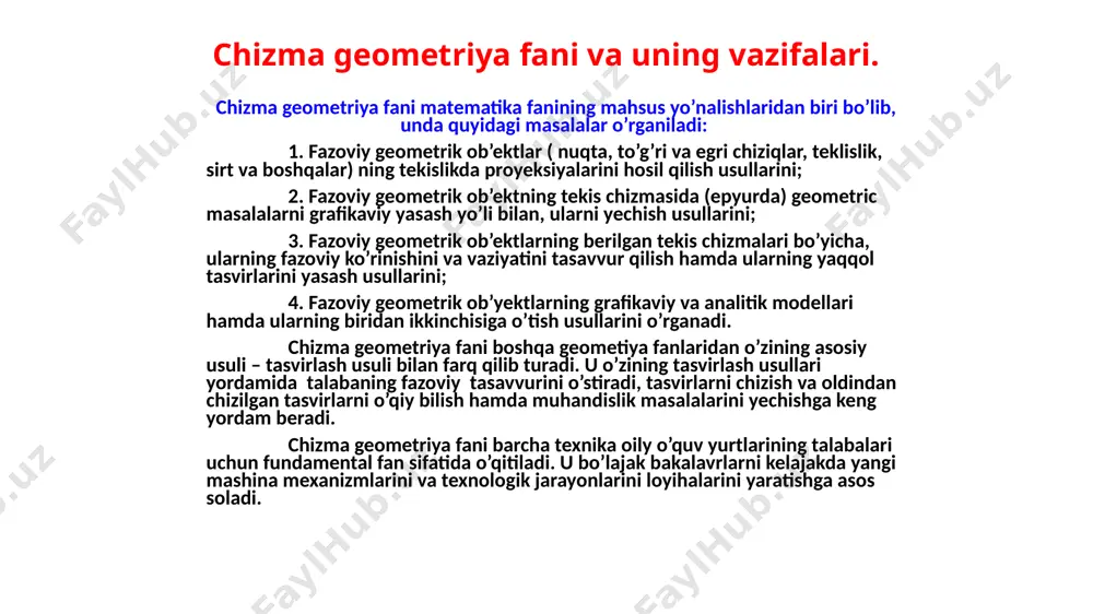 llel proyeksiyasi. p ap cp bp a b c 3-chizmadan ko’rinib turibdiki, fazodagi geometrik ob’ekt siniq chiziqdan yoki ko’pburchakdan iborat bo’lsa, proyeksiyalash jarayonida prizma sirti hosil bo’ladi. p ap cp bp proyeksiyalovchi nurlarning proyeksiyalar tekisligiga nisbatan qanday yo’nalishda bo’lishiga qarab, parallel proyeksiyalash qiyshiq burchakli va to’g’ri burchakli bo’ladi. 4-chizmadan ko’rinib turibdiki fazodagi geometrik ob’ekt egri chiziqdan iborat bo’lsa, proyeksiyalash jarayonida silindr sirtini hosil qiladi. 4-chizma a c b parallel proyeksiyalash hossalari: to'g'ri chiziqning proyeksiyasi to'g'ri chiziq bo'ladi. fazodagi har bir nuqta va to'g'ri chiziq tekislikda o'zining yagona proyeksiyasiga ega. agar nuqta to'g'ri chiziqqa tegishli bo'lsa u holda bu nuqtaning proyeksiyasi ham to'g'ri chiziqning proyeksiyasida bo'ladi. to'g'ri chiziqni proyeksiyalash uchun uning ikkita nuqtasini proyeksiyalash kifoya qiladi. agar to'g'ri chiziq proyeksiyalash nurining yo'nalishiga parallel bo'lsa, u holda bu to'g'ri chiziqning proyeksiyasi nuqta bo'ladi. to'g'ri chiziq proyeksiya tekisligiga parallel bo'lsa, u holda to'g'ri chiziqning proyeksiyasi o'zining haqiqiy kattaligi bilan proyeksiyalanadi. to'g'ri chiziq bo'laklarining …