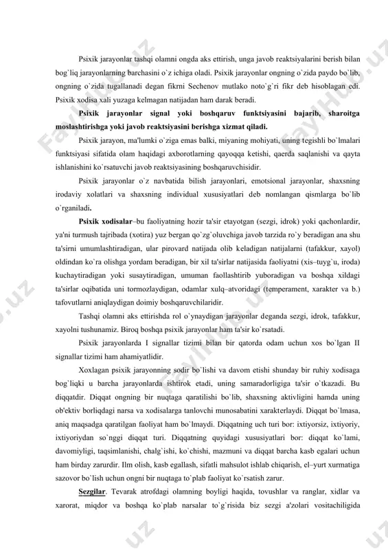 q boshqa psixik jarayonlar ham ta'sir ko`rsatadi. psixik jarayonlarda i signallar tizimi bilan bir qatorda odam uchun xos bo`lgan ii signallar tizimi ham ahamiyatlidir. xoxlagan psixik jarayonning sodir bo`lishi va davom etishi shunday bir ruhiy xodisaga bog`liqki u barcha jarayonlarda ishtirok etadi, uning samaradorligiga ta'sir o`tkazadi. bu diqqatdir. diqqat ongning bir nuqtaga qaratilishi bo`lib, shaxsning aktivligini hamda uning ob'еktiv borliqdagi narsa va xodisalarga tanlovchi munosabatini xaraktеrlaydi. diqqat bo`lmasa, aniq maqsadga qaratilgan faoliyat ham bo`lmaydi. diqqatning uch turi bor: ixtiyorsiz, ixtiyoriy, ixtiyoriydan so`nggi diqqat turi. diqqatning quyidagi xususiyatlari bor: diqqat ko`lami, davomiyligi, taqsimlanishi, chalg`ishi, ko`chishi, mazmuni va diqqat barcha kasb egalari uchun ham birday zarurdir. ilm olish, kasb egallash, sifatli mahsulot ishlab chiqarish, el–yurt xurmatiga sazovor bo`lish uchun ongni bir nuqtaga to`plab faoliyat ko`rsatish zarur. sеzgilar. tеvarak atrofdagi olamning boyligi haqida, tovushlar va ranglar, xidlar va xarorat, miqdor va boshqa ko`plab narsalar to`g`risida biz sеzgi a'zolari vositachiligida axborotlarga ega bo`lamiz. sеzgi …
