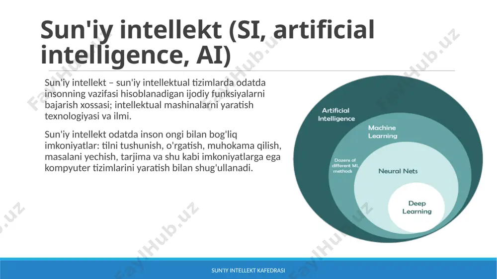 iy strategiyani hisoblash va h.k. chatgpt – openai tomonidan yaratilgan tabiiy tildagi so'rovlarga javob bera oladigan chat-bot. sun'iy intellekt kafedrasi mashinali o'rgatish mashinali o'rgatish – sun'iy intellekt usullari sinfi. uning asosiy xususiyati – muammoni to'g'ridan to'g'ri hal qilish emas, balki ko'plab shunga o'xshash muammolarning yechimlarini qo'llash orqali o'rganishdir. bunday usullarni qurish uchun matematik statistika, sonli usullar, ehtimollar nazariyasi, graflar nazariyasi, raqamli shakldagi berilganlar bilan ishlashning turli texnikalaridan foydalaniladi. sun'iy intellekt kafedrasi mashinali o’rgatish - bu sun'iy intellektning (ai) bo'limi bo'lib, u mashinalarga algoritmlar orqali o'rganish imkonini beradi. ushbu algoritmlar real datalardan hosil bo’lgan modellardan o'rganadi. ushbu model qaysi sinf yoki qaysi turdagi yangi data ekanligini taxmin qilish imkonini beradi. sun'iy intellekt kafedrasi mashinali o'rgatish artificial intelligence captures the imagination of the world (sun'iy intellekt dunyoning tasavvurini qamrab oladi) machine learning starts to gain traction(mashinali o’rgatish tezlik bilan rivojlandi) deep learning catapults the industry sun'iy intellekt kafedrasi umumiy masalaning qo'yilishi obyektlar …