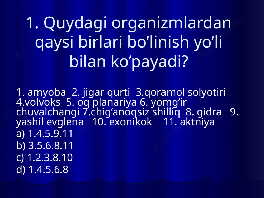 hayvonlar b) kovakichlilar c) yassi chuvalchanglar d) halqali chuvalchanglar 11.qaysi tipdagi hayvonlardan boshlab ikki tomonlama simmetryali tana hosil bo’ladi? 11.qaysi tipdagi hayvonlardan boshlab ikki tomonlama simmetryali tana hosil bo’ladi? 12.oq planariya qanday simmetryali hayvon? a) nursimon b) ko’p tomonlama c) ikki tomonlama d) yuldizsimon 13.planariyaning ayrish sistemasi nimadan iborat? a) chiqarish teshigidan b) qisqaruvchi vakuoladan c) tana satxidagi maxsus teshikchalardan d) mayda shoxlangan kanalchalardan 14.qaysi hayvonlardan oziqning hazm bo’lmagan qismi og’iz orqali chiqarib yuboriladi? 1. oq planariya 2. meduza 3. aktiniya 4. odam askaridasi 5. qoramol solityori a) 1,2,3 b) 2,3,4 c) 3,4,5 d) 1,2,4 15.ichki azolari oralig’ni g’ovak to’qima to’ldirib turadigan hayvonlarni belgilang. a) oq planariya,jigar qurti b) aktiniya,qumchuvalchang c) mushuk ikkiso’rg’ichlisi,nereida d) jigar qurti,bitniya 16. oq planariya qaysi sezgi a’zolari bo’lmaydi? a) nerv sistemasi b) nafas olish sistemasi c) ovqat hazm qilish sistemasi d) jinsiy sistemasi 17. qaysi paytda oq planariya tanasi mayda bo’laklarga bo’linib ketadi? a) suvda …