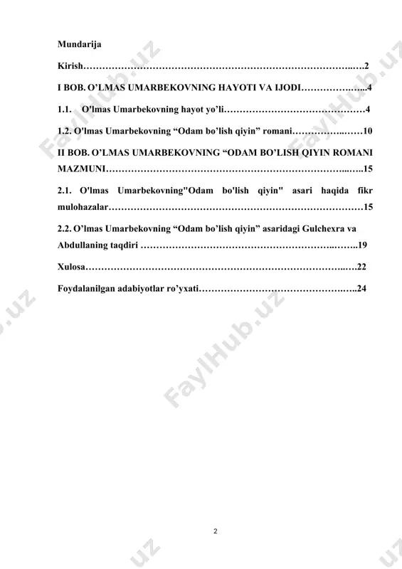 yoti, ma’naviy-axloqiy muammolar, insonlarning murakkab munosabatlari haqida yoritilgan va bugungi kunda ham ko’p o’qiladigan asarlar sırasıga kiradi. asarda ilgari surilgan asosiy g’oya bu muhabbatdek buyuk tuyg’uga bo’lgan sadoqatini hamma ham asrab qola olmasligi, dunyoning yolg’onchi tuyg’ulariga aldanib qolmaslik, nafsga hech qachon bosh egmaslik kabi tushunchalarni kitobxonga tushuntirish g’oyasi bor. asar sarlavhasining tanlanishi yozuvchining nechog’lik mahoratli ekanligi ko’rsatib bergan. asarga juda ham mos nom qo’yilgan. “odam bo’lish qiyin” kitobxonning diqqatini tortishi aniq. chunki hamma ham bu dunyoda insoniylik nomini saqlab qolishga harakat qiladi. o‘lmas umarbekovning „odam bo‘lish qiyin“ romanida hayot, hayotning haqiqatga to‘la nafasi ufurib turadi. asar tilining soddaligi, voqealarining jonliligi etiborga loyiq. o‘tgan asrning ikkinchi yarmidagi o‘zbek nasri rivojida o‘lmas umarbekovning o‘ziga xos o‘rni bor. uning „odam bo‘lish qiyin“ romani yoshlar hayoti, maʼnaviy-axloqiy muammolar, insonlarning murakkab munosabatlari haqida yaratilgan va bugungi kunda ham ko‘p o‘qiladigan asarlar sirasiga kiradi. kurs ishining maqsad va vazifalari: “odam bo’lish qiyin” romani mazmunini o’rganish va …