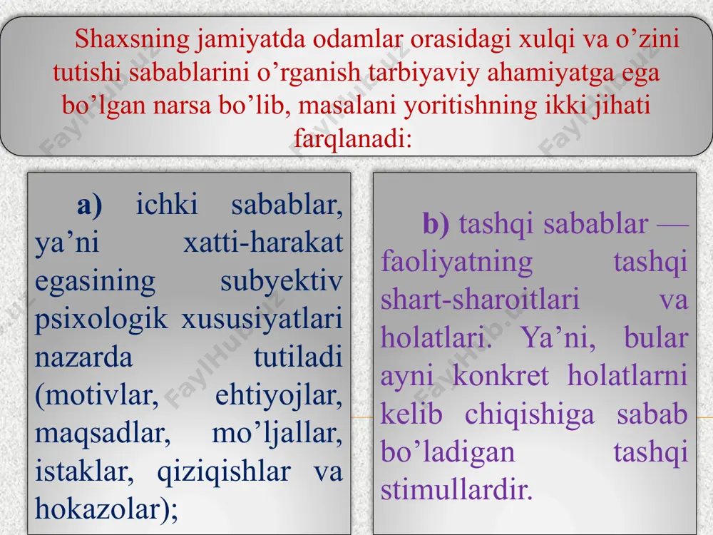 shlariga qarab farq qiladilar. masalan, faqat muvaffaqiyat motivi bilan ishlaydiganlar oldindan ishonch bilan shunday ish boshlaydilarki, nima qilib bo’lsa ham yutuqqa erishish ular uchun oliy maqsad bo’ladi. ular hali ishni boshlamay turib, yutuqni kutadilar va shunday ishni amalga oshirishsa, odamlar ularning barcha harakatlarini ma’qullashlarini biladilar. bu yo’lda ular nafaqat o’z kuch va imkoniyatlarini, balki barcha tashqi imkoniyatlar — tanish-bilishlar, mablag’ kabi omillardan ham foydalanadilar. boshqacha xulq-atvorni muvaffiqiyatsizlikdan qochish motiviga tayangan shaxslarda kuzatish mumkin. masalan, ular birinchilardan farqli, ishni boshlashdan avval nima bo’lsa ham muvafaqiyatsizlikka duchor bo’lmaslikni o’ylaydilar. shu tufayli ularda ko’proq ishonchsizlik, yutuqqa erishishga ishonmaslik, pessimizmga o’xshash holat kuzatiladi. shuning uchun bo’lsa kerak, oxir-oqibat ular baribir muvaffaqiyatsizlikka uchrab, «o’zi sira omadim yurishmaydigan odamman-da» degan xulosaga keladilar. agar birinchi toifali shaxslar bir ishni muvaffaqiyatli tugatgach, ko’tarinki ruh bilan ikkinchi ishga kirishishsa, ikkinchi toifa vakillari, har qanday ishni yakunlagandan so’ng, uning natijasidan qat’iy nazar, ruhan tushkunlikka tushadilar va og’rinish hissi bilan boshqa …