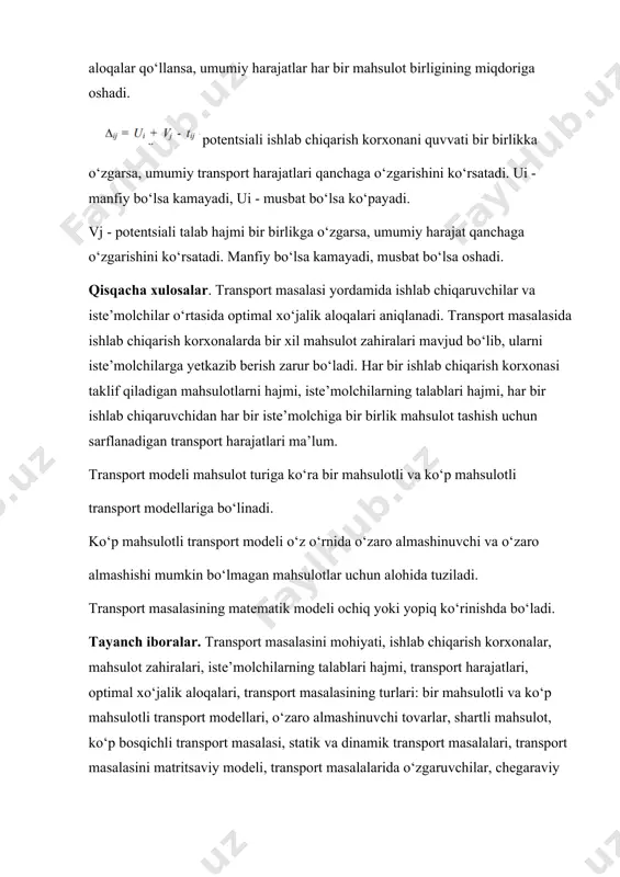 o‘zgaruvchilar, yopiqlik va ochiqlik shartlari, optimal baholar, ustun va qatorlar potentsiallari. nazorat uchun savollar. 1. transport masalalari qanday hollarda qo‘yiladi? 2. transport masalarining iqtisodiy ma'nosini tushuntirib bering. 3. transport masalalarini yechishda qo‘llaniladigan optimallik mezonlari nimalardan iborat? 4. transport masalalarini qanday turlari mavjud? 5. statik va dinamik transport masalalarini tushuntirib bering. 6. ochiq va yopiq transport masalalarining farqlari nimalardan iborat? 7. ishlab chiqarish transport masalasini qanday tushunasiz? 8. transport ishlab chiqarish masalasining ma'nosi nimadan iborat? 9. ochiq transport masalalari qanday yechiladi? 10.ikkilangan transport masalalari va ularning iqtisodiy ma'nolari nimalardan iborat? adabiyotlar. 1. замков о.о. математические методы и модели. –м.: дис, 2000. 1. захарченко а.и. бизнес статистика и прогнозирование в ms excel. –м.: изд. дом. «вильямс», 2004. 2. ғофуров м. иқтисодий-математик усуллар ва моделлар. –т.: агни, 2001. 3. кобелев н.б. практика применения экономико-математических методов и моделей: учебное пособие. –м: зао финстатинформ, 2000. image6.tmp image7.tmp image1.tmp image2.tmp image3.tmp image4.tmp image5.tmp