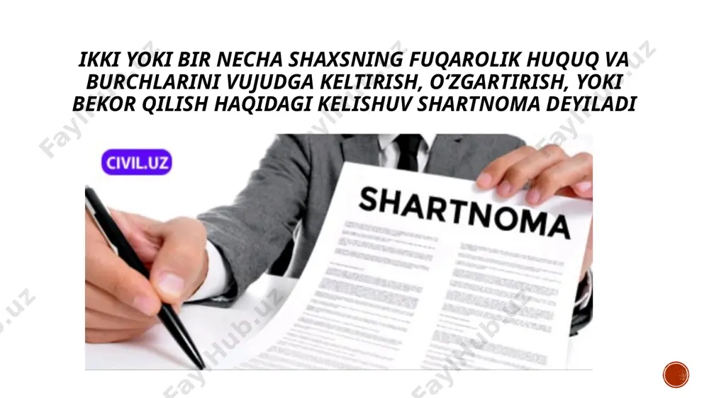 ; –birja bitimlari ishtirokchilari oʻrtasidagi hisob-kitoblar tartibi; –agar savdo maydonchalari va boʻlinmalari birja tomonidan tashkil etilgan boʻlsa ularning roʻyhati va nomlari; –birja savdolarini oʻtkazish tartibi; –birja ishtirokchilariga axborot xizmatini berish tartibi; –birja nizorini hal etish; –birja aʼzolari va xodimlari qoidalarni buzganlik uchun javobgarlik; –qonun hujjatlariga muvofiq boshqa qoidalar. birja tomonidan roʻyxatga olingan birja tovarlari birja savdosining birjada qayd etilgan natijasi boʻyicha tuzilgan oldi-sotdi shartnomasi birja bitimi hisoblanadi birja bitimi notarial tasdiqlanmaydi, qonunda koʻrsatilgan hollar bundan mustasno forvard bitimlar tovarlarni yetkazib berish muddati kechiktirilgan holdagi bitimlar; fyuchers bitimlar tovarlarga doir standart kontraktlarning oldi-sotdi bitimlari bunday bitimlar kelgusida ijro etish majburiyatini oladi option bitimlar tovarlar yoki tovarlarni yetkazib berish kontraktlarini belgilangan narxlar boʻyicha kelgusida sotib olish yoki sotish huquqlariga doir oldi-sotdi bitimlari kimoshdi savdosida shartnoma tuzish –auksion –tanlov shaklida oʻtkaziladi. auksionlar va tanlovlar ochiq va yopiq shaklda boʻlishi mumkin. tashkilotchi kimoshdi savdosi oʻtkazilishi toʻgʻrisida 30 kun oldin xabar qilishi kerak. xabarda kimoshdi …