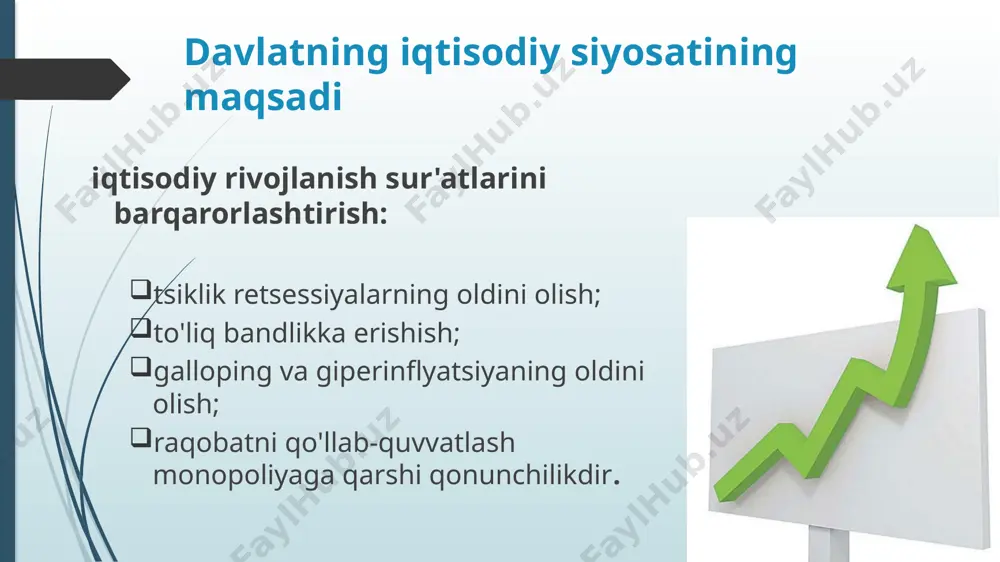 a ba'zi mamlakatlarda zaxira talablarini belgilash kabi aloqa strategiyalari kiradi. pul-kredit siyosati ko'pincha kengaytiruvchi (stavkalarni pasaytirish, iqtisodiy faoliyatni rag'batlantirish va natijada bandlik va inflyatsiya) yoki kontraktsion (iqtisodiy faoliyatni susaytirish, shuning uchun bandlik va inflyatsiyani pasaytirish) deb ataladi. davlatning monetar siyosati davlatning monetar siyosati — bu pul taklifini nazorat qilish orqali iqtisodiy faoliyatni tartibga solish usulidir. markaziy bank tomonidan amalga oshiriladigan monetar siyosat inflyatsiya darajasini nazorat qilish, iqtisodiy o'sishni rag'batlantirish va moliyaviy barqarorlikni ta'minlashga qaratilgan. foydalanilgan adabiyotlar o‘zbekiston respublikasi konstitutsiyasi. – toshkent: adolat, 2022. o‘zbekiston respublikasi markaziy banki to‘g‘risida qonun. – toshkent, 2019. o‘zbekiston respublikasi soliq kodeksi. – toshkent: adolat, 2020. karimov i.a. o‘zbekiston xxi asr bo‘sag‘asida: xavfsizlikka tahdid, barqarorlik shartlari va taraqqiyot kafolatlari. – toshkent: o‘zbekiston, 1997. махмудов н. ва бошқ. makroiqtisodiyot. – toshkent: iqtisodiyot, 2019. муминов н. davlat moliyasi va soliqlar. – toshkent: iqtisodiyot, 2020. image1.png image2.png image3.jpeg image4.png image5.png image6.png image7.png image8.png image9.png /docprops/thumbnail.jpeg