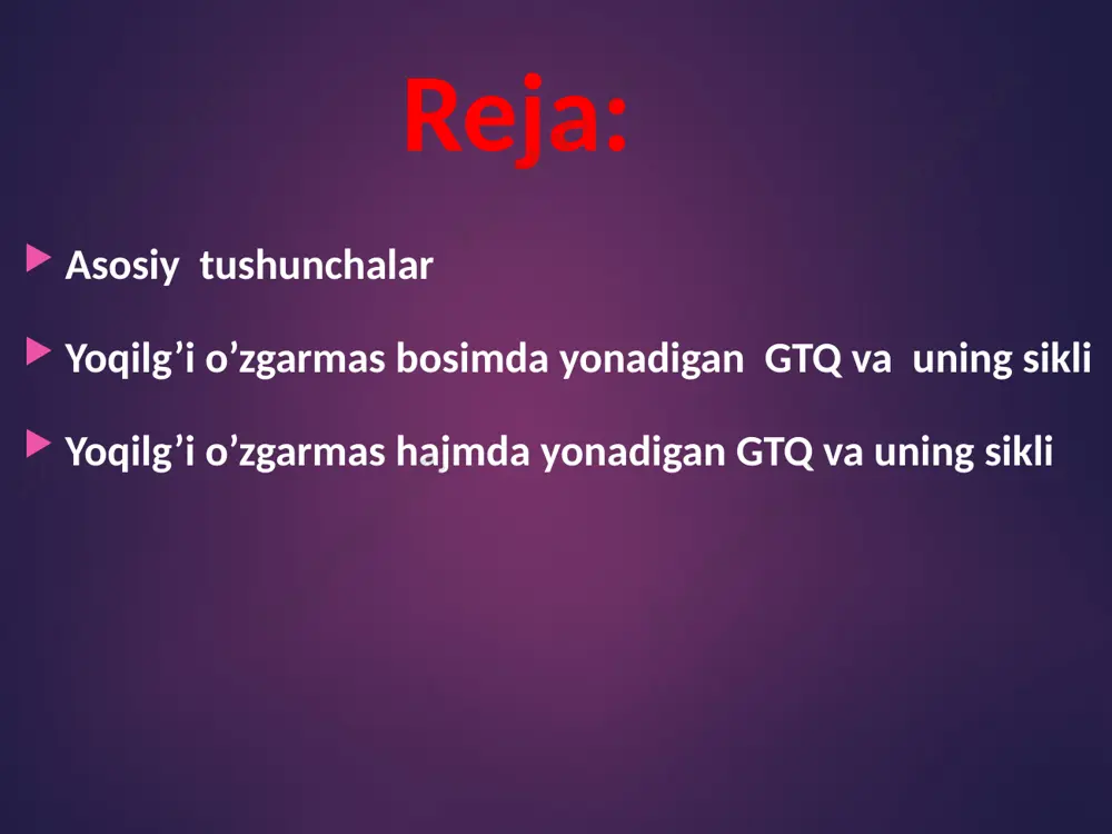 niga gazaviy kompressor ishlatiladi. yoqilg’i yonish kamerasida 1 da yonadi. yonish mahsulotlari gaz tur­bina soplolari-6 da kengayib, turbina kuraklari-7 ga kiradi, u yerda ish bajaradi va so’ngra chiqarish patrubogi-8 orqali atmosfe­raga chiqarib yuboriladi. ish bajargan gazlar bosimi atmosfera bo­simidan bir oz yuqori bo’ladi. 1 - rasm 2 - va 3 - rasmlarda va p-v va ts- diagrammalarda gtq ning p=const da issiqlik berilishi bilan boradigan ideal sikllari tasvirlangan. bu siklda ishchi jismdan issiqlik olinishi o’zgarmas bosimda amalga oshadi. 2 - rasm 3 -rasm p1 , v1 , t1 boshlang’ich parametrli ishchi jism kompressorda 1-2 adiabata bo’yicha siqiladi (izotermik yoki politropik bo’lishi mum­kin). 2-3 izobara bo’yicha ishchi jismga q1 issiqlik beriladi(bu protsess yoqilg’ining yonish kamerasida yonishiga mos keladi). so’ngra ishchi jism turbinaning soplo apparatida 3-4 adiabata bo’yicha kengayadi va ishni turbina g’ildiraklariga beradi. 4-1 izobarik protsess ish bajargan gazlarning turbinadan chiqishi, bunda q2 - issiqlik olinadi. sikl uchun quyidagi o’lchamsiz parametrlar …