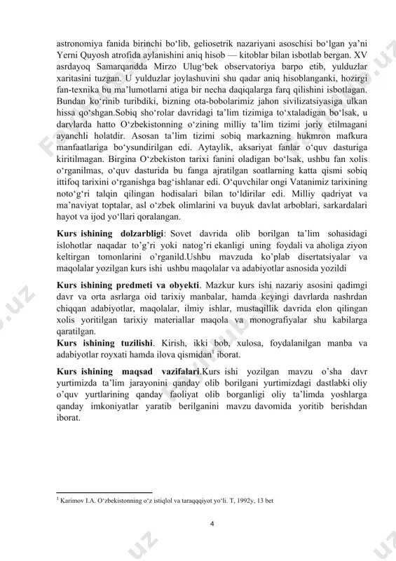maskanlari bo‘lib, ulardan chinakam olimlar, ulamolar yetishib chiqqan. xusasan, xorazm ma’mun akademiyasi ham shu davrdagi yirik tadqiqot markazlaridan biri hisoblangan. algebra fani bobakalonimiz muhammad al-xorazmiy nomi bilan atalganligi, bu azal-azaldan bizning qonimizda yaratuvchanlik, o‘qishga bo‘lgan qiziqishdan dalolatdir. bundan tashqari, yana bir buyuk ajdodimiz abu ali ibn sinoning “tib qonunlari” asari yevropada “injil” kitobidan keyin eng ko‘p nashr etilgan kitoblardan biri bo‘lib, 500 yil davomida dunyoning ko‘plab nufuzli oliy o‘quv yurtlarida barcha talabalar uchun darslik sifatida o‘rganib kelingan. buyuk mutafakkir al-farg‘oniy astronomiya fanida birinchi bo‘lib, geliosetrik nazariyani asoschisi bo‘lgan ya’ni yerni quyosh atrofida aylanishini aniq hisob — kitoblar bilan isbotlab bergan. xv asrdayoq samarqandda mirzo ulug‘bek observatoriya barpo etib, yulduzlar xaritasini tuzgan. u yulduzlar joylashuvini shu qadar aniq hisoblanganki, hozirgi fan-texnika bu ma’lumotlarni atiga bir necha daqiqalarga farq qilishini isbotlagan. bundan ko‘rinib turibdiki, bizning ota-bobolarimiz jahon sivilizatsiyasiga ulkan hissa qo‘shgan.sobiq sho‘rolar davridagi ta’lim tizimiga to‘xtaladigan bo‘lsak, u darvlarda hatto o‘zbekistonning o‘zining …
