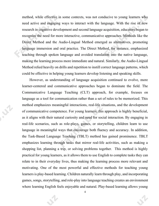 a set of rules to be memorized. this method emphasizes meaningful interactions, real-life situations, and the development of communicative competence. for young learners, this approach is highly beneficial, as it aligns with their natural curiosity and need for social interaction. by engaging in real-life scenarios, such as role-plays, games, or storytelling, children learn to use language in meaningful ways that encourage both fluency and accuracy. in addition, the task-based language teaching (tblt) method has gained prominence. tblt emphasizes learning through tasks that mirror real-life activities, such as making a shopping list, planning a trip, or solving problems together. this method is highly practical for young learners, as it allows them to use english to complete tasks they can relate to in their everyday lives, thus making the learning process more relevant and motivating. one of the most powerful and effective methods for teaching young learners is play-based learning. children naturally …