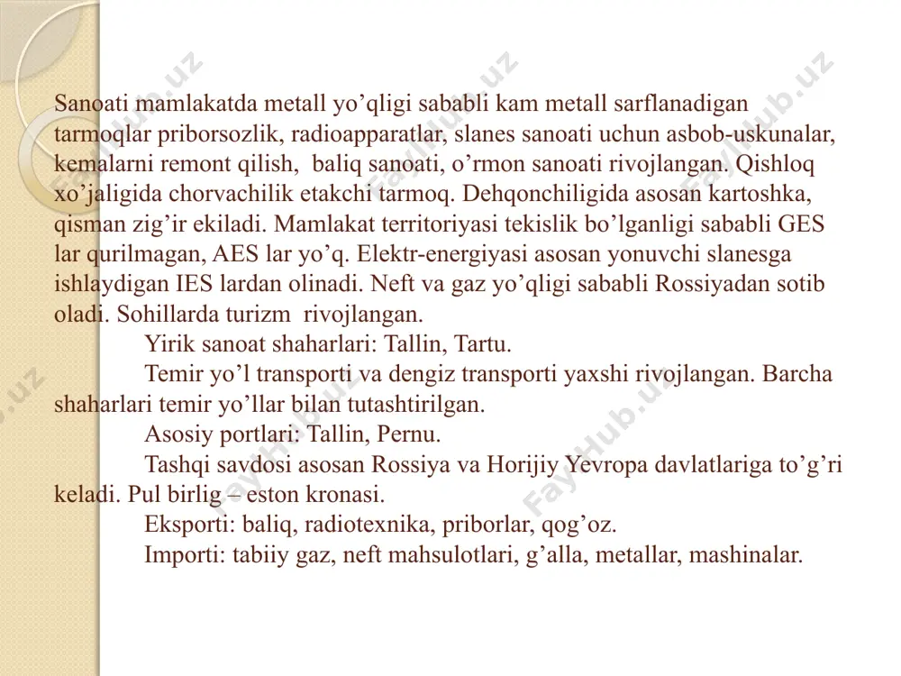 , mdh ning boshqa davlatlari va horijiy evropa davlatlari bilan bo’ladi. eksporti: elektr jihozlari, radiotexnika, medisina jihozlari, baliq, o’rmon, qog’oz. importi: tabiiy gaz, neft, ko’mir, metall, g’alla, mashinalar, elektr energiya. xalqaro turizm rivojlangan: riga, yurmala. pul birligi – lat. litva 4 mamlakat va boltiq dengizi bilan chegaradosh. maydoni 65,2 ming km2 . oblastlarga bo’linmaydi. 10 uezdga bo’lingan. temir yo’llar orqali polsha va germaniya bilan bog’langan. yirik avtoyo’llarga ega. aholisi 3,650 ming kishi, 3,7 (2003 y), 3,4 mln kishi (2006 y). tug’ilish koeffisienti 9‰, o’lim 12‰. 1 ayolga 1,2 bola to’g’ri keladi. 15 yoshgacha bo’lganlar 19 %, 64 yoshdan yuqori bo’lgan 14 %. o’rtacha umr 66-77 yosh. yamd 8350 $ (2001 y). aholi zichligi 1 km2 ga 56 kishi. urbanizasiya darajasi 68 %. asosiy foydali qazilmalari: torf, qahrabo,binokorlik materiallari. sanoati latviya va estoniyaga qaraganda kam rivojlangan. energetika bazasining zaifligi sanoatning rivojlanishiga to’sqinlik qiladi. tabiiy gaz, ko’mir va torfga ishlaydigan ies lar …