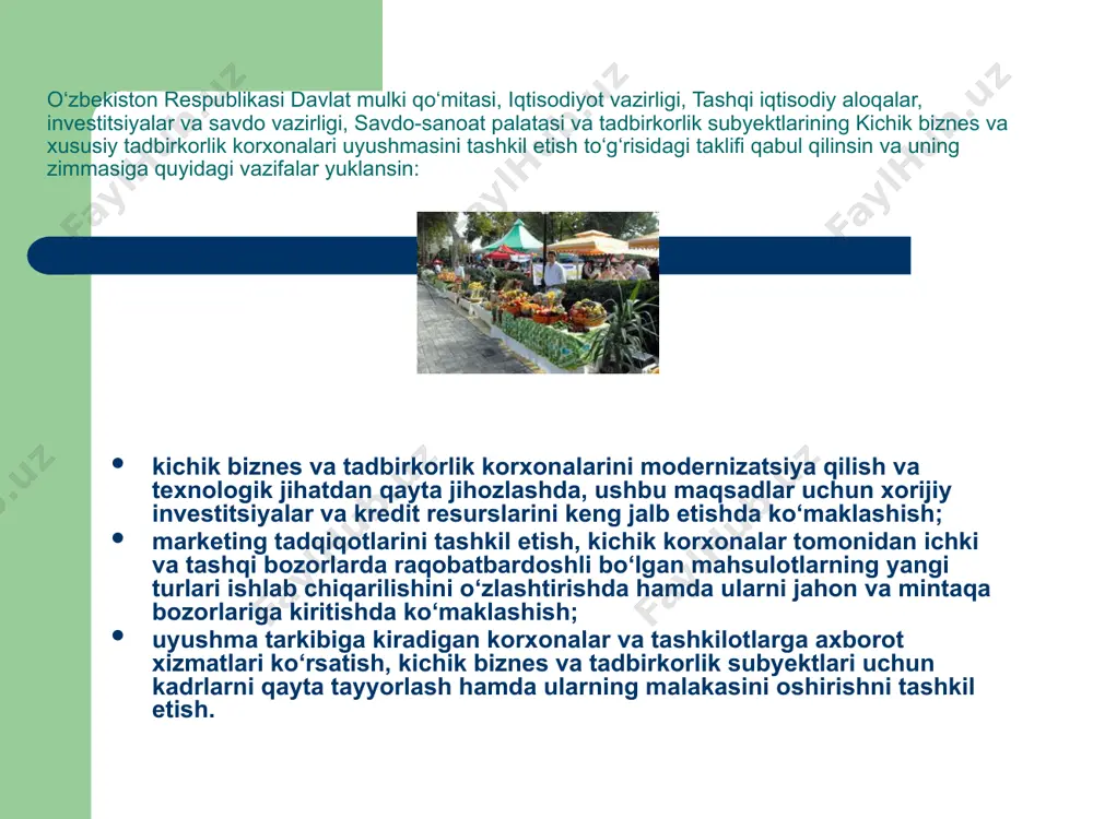 rivojlanish uchun muhim omil bo‘lib xizmat qiladi. mamlakatimizda raqobat va umuman iqtisodiyotni rivojlantirishga doir samarali chora-tadbirlar amalga oshirilmoqda. buni o‘zbekiston respublikasining xususiylashtirish, monopoliyadan chiqarish va raqobatni rivojlantirish davlat qo‘mitasi raisining birinchi o‘rinbosari s.g‘afforov ta’kidladi. yangi qo‘mita faoliyatining asosiy maqsad va vazifalari davlat mulkini xususiylashtirish jarayonlarini yanada chuqurlashtirish va bozor iqtisodiyotining asosi bo‘lgan xususiy mulk miqyoslarini kengaytirish, monopoliyaga qarshi tartibga solish ishlari samaradorligini oshirish va real raqobat muhitini shakllantirish, fond bozori, ayniqsa, ikkilamchi fond bozorini jadal rivojlantirish hamda korporativ boshqaruv tizimini tubdan takomillashtirishdan iborat. raqobatni himoya etishning asosiy dastagi bu – monopoliyalarning faoliyatini antimonopol qonunlar asosida boshqarishdir. iqtisodiyotda monopoliyalashuv tendensiyalari paydo bo’lishi munosabati bilan erkin raqobat cheklanadi, shu sababli sog’lom raqobatchilik muhitini yaratishda davlatning roli oshib boradi. buni davlatning monopollashuv jarayoniga qarshi olib boradigan siyosatida ko’rishi mumkin. bu siyosat erkin raqobat muhitini yangidan yaratishga emas, balki uni saqlab qolishga, kezi kelganda qaytadan tiklashga, raqobatning madaniylashgan usullarini qaror toptirishga qaratiladi. davlatning xususiy …