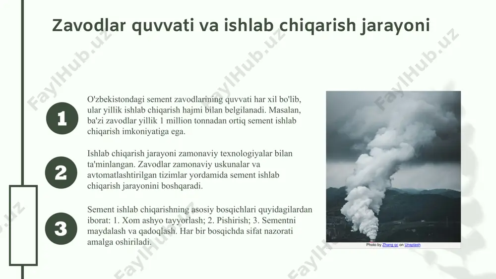 tlar. har bir turi o'z texnik xususiyatlari bilan ajralib turadi. sement turlari va texnik xususiyatlar portland sementi eng keng tarqalgan, mustahkamligi bilan ajraladi. klinker sementi yuqori issiqlik qarshiligiga ega, maxsus sementlar esa ma'lum sharoitlarda ishlatiladi. bozor talabiga mosligi o'zbekistonda sement turlariga bo'lgan talab doimiy ravishda o'zgaradi. portand sement qurilishda eng ko'p talab qilinadi, maxsus sementlar esa loyihalarga mos ravishda kerak. sement turlarining o'zaro farqlari sement turlarining farqlari kimyoviy tarkibi, ishlab chiqarish texnologiyasi va foydalanish sohalariga bog'liq. har bir tur o'z afzalliklari va kamchiliklariga ega. xulosa photo by jane on unsplash 04.26.24 04.26.24 ishlab chiqarish jarayoni sement ishlab chiqarish jarayoni bir necha muhim bosqichlardan iborat bo'lib, har bir bosqichda zarur materiallar va texnologiyalar qo'llaniladi. sement ishlab chiqarish jarayoni quyidagi bosqichlardan iborat: 1. xom ashyo tayyorlash: qum, ohak va g'ovaklar. 2. aralashtirish: xom ashyo ma'lum nisbatlarda aralashtiriladi. 3. qozonlash: aralashma yuqori haroratda qozonlanadi. 4. sifat nazorati: ishlab chiqarilgan sement sifatini tekshirish. ushbu …