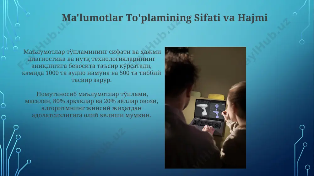 tezligi va tushunarliligi kabi parametrlarni o'lchash zarur. sun'iy intellektga asoslangan diagnostika va nutq texnologiyalarining umumiy ko'rinishi nutqni tan olish texnologiyalari 1000 dan ortiq tilni qo'llab-quvvatlaydi va avtomatlashtirilgan tarjimonlar, virtual assistentlar kabi turli ilovalarda qo'llaniladi. ai asosidagi diagnostika va nutq texnologiyalari rivojlanishiga 2023 yilda global miqyosda 15 milliard dollar sarmoya kiritildi, bu sohaning tez sur'atlarda o'sib borayotganini ko'rsatadi. xatoliklarni tahlil qilish va bartaraf etish diagnostika tizimlarini sinovdan o'tkazish jarayonida kamida 3 turdagi xatoliklar (masalan, taniqli, tushunilmagan va tasniflash xatolari) aniqlanishi va ularning bartaraf etilishiga oid takliflar ishlab chiqilishi kerak. nutq texnologiyalarida aniqlangan xatolarni tahlil qilishda false positive (fp) va false negative (fn) ko'rsatkichlarini hisoblash va ularni kamaytirish yo'llari muhim ahamiyat kasb etadi. e'tiborga olish kerak bo'lgan muammolar trening ma'lumotlarining kamligi yoki noto'g'ri tanlanishi natijasida ai diagnostika va nutq texnologiyalarining ishonchliligi 15% dan yuqori darajada pasayishi mumkin. nutq texnologiyalarida til va lahja farqlari aniqlashdagi qiyinchiliklar, modelning samaradorligini 20% gacha pasaytirishi mumkin. ko'p …