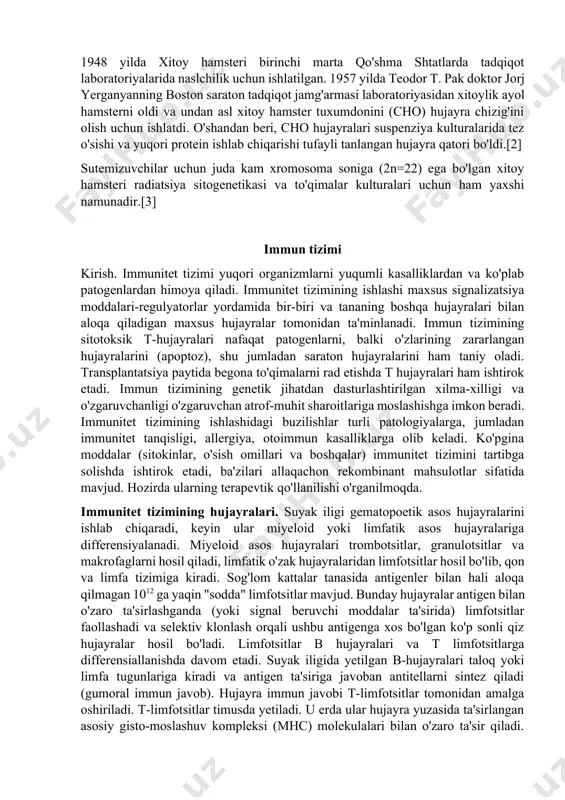 itik faollikka ega emas, lekin plazminogen molekulasida konformatsion o'zgarishlarni keltirib chiqaradi, bu esa plazmin hosil bo'lishi bilan avtolizga olib keladi. streptokinaz streptokokklar kulturasidan xromatografiya usullari bilan olinadi. proteinni tozalashning boshqa, arzonroq usullaridan foydalanish kuchli immunitet reaktsiyalari xavfi bilan bog'liq. xitoy hamster tuxumdoni (cho) xujayralari xitoy hamsterining tuxumdonidan olingan epitelial hujayra liniyasi bo'lib, ko'pincha biologik va tibbiy tadqiqotlarda va rekombinant terapevtik oqsillarni ishlab chiqarishda tijorat maqsadlarida foydalaniladi.[1] ular genetika, toksiklik skriningi, ovqatlanish va gen ekspressiyasini o'rganishda, ayniqsa rekombinant oqsillarni ifodalashda keng qo'llanilishini topdilar. cho hujayralari rekombinant protein terapevtiklarini sanoat ishlab chiqarish uchun eng ko'p ishlatiladigan sutemizuvchilar xostlaridir.[1] tarix xitoy hamsterlari 1919 yildan beri tadqiqotda qo'llanila boshlandi, ular pnevmokokklarni yozish uchun sichqonlar o'rniga ishlatilgan. keyinchalik ular kala-azar (visseral leyshmanioz) yuqishi uchun ajoyib vektor bo'lib, leyshmani tadqiqini osonlashtirdi. 1948 yilda xitoy hamsteri birinchi marta qo'shma shtatlarda tadqiqot laboratoriyalarida naslchilik uchun ishlatilgan. 1957 yilda teodor t. pak doktor jorj yerganyanning boston saraton tadqiqot jamg'armasi …