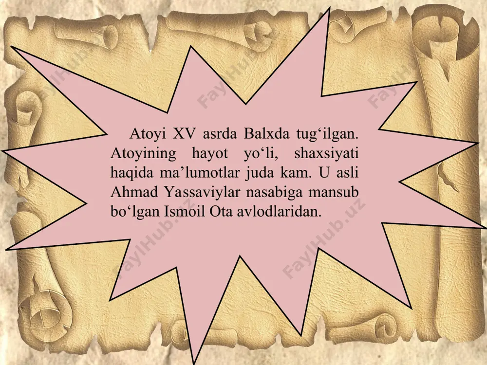r ijodi bizgacha to‘la yetib kelmagan. devonining taxminan xvi asrda ko‘chirilgan, 260 g‘azalni o‘z ichiga olgan qo‘lyozma nusxasi sankt-peterburgda saqlanadi. g‘azallar ul sanamkim su(v) yaqosinda paritek o‘lturur, g‘oyati nozukligidin suv bila yutsa bo‘lur. to magarkim salsabil obina javloni qila, keldi jannat ravzasindin obi kavsar sori hur. ul ilikkim suvdin oriqtur, yumas oni suda, balki suvni pok bo‘lsun deb iligi birla yur. emdi bildim rost ermish, balki ko‘rdim ko‘z bila, ulki derlar suv qizi goh-goh ko‘zga ko‘runur. qoshlaring yosin atoyi ko‘rgali husn ichra toq, subhidam mehroblarda surayi yosin o‘qir. – v – – /– v – – / – v – – / – v – foilotun / foilotun / foilotun / foilun ramali musammani mahzuf * * * jamoling vasfini qildim chamanda, qizordi gul uyottin anjumanda. tamanno qilg‘ali la’lingni ko‘nglum, kishi bilmas oni kim qoldi qanda. chu jonimdin aziz jonona sensan, kerakmas jon manga sensiz badanda. manga ul dunyoda jannat …