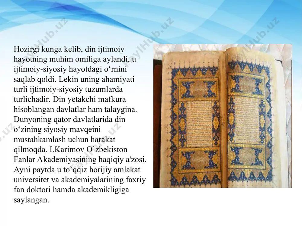 xalqlar birgalikda yashay oligan mintaqa va davlatlar milliy taraqqiyotni belgilaydi shu yerdagi tinchlik va barqarorlik kafolati bo`lib xizmat qiladi. bugungi kunda yer yuzida 6,9 milliarddan ko’proq aholi mavjud. mustaqil o`zbekiston xududida 136 ta millat vakillari yashamoqda. xristianlik va islom singari jahon dinlarining muqaddas kitoblarida yozilishicha xudo tomonidan maxsus loydan avval erkak jinsidagi adam yoki odam ato, so’ngra uning 7- qovurgasi va osha loydan ayol jinsidagi yeva yoki momo havoni yaratgan. har bir millat va xalq shu ikki odamning avlodlaridir. har bir millatning oz qadriyatlari ham bor. ular umuminsoniy qadriyatlar bir qismi bo’lib o’zaro chambarchas bog`langanlar. umumiy qadriyat va xususiy manfaatlar bir-biriga zid kelishi yoki uyg`un bo’lishi mumkin. bunda ma`lum mamlakatdagi milliy siyosat muhim ahamiyatga ega bo’ladi. qayerdaki millatlararo totuvlik g`oyasining ahamiyati inqilob etilmasa jamiyat hayotida turli ziddiyatlar, muammolar vujudga keladi. ular tinchlik va barqarorlikka havf soladi. bugungi kunda jahonning yarim mintaqalarida sodir bo`layotgan milliy nizolar shundan dalolatlat beryapti. millatlararo totuvlik …