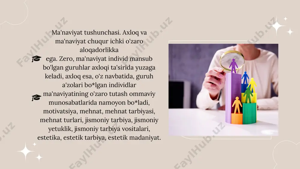 oid tarbiyaviy ishlar aks etadi. shunga ko'ra ma'naviy-axloqiy xulq-odobga doir xislatlarni shakllantirishga undovchi rag'bat bilan hosil bo'ladigan faoliyat eng asosiy bo'lib hisoblanadi. m ma'naviy-axloqiy tarbiya metodlari. ma'naviy-axloqiy tarbiyada turli metod va usul lardan foydalanish muhim ahami yatga ega. ma`naviy-axloqiy tarbiya metodlari deganda, o'quvchilarning axloqiy tasavvur va bilimlarni egallab olishga, ularda madaniy xulq va ijobiy munosabatlarni, shaxsning axloqiy his-tuyg'ulari va sifatlarini tarbiyalashga qaratilgan faoliyat usulidir. ma`naviy-axlogiy tarbiya metodlarini shartli ravishda quyidagicha tasnif etish mumkin: ma'naviy-axloqiy ongni shakllantirish metodlari: hikoya, tushuntirish, etik suhbat, izohlash, nasihat, o'git, ko'rsatma, namuna va boshqalar. ma'naviy-axloqiy xulq-atvorni shakllantirish metodlari: mashq, o'rgatish, pedagogik talab, tarbiyalovchi vaziyat, topshiriq va hakozolar. ma'naviy-axloqiy motivasiyani hosil qilishga_ doir metodlar: rag:batlantirish, musobaqa, tanbeh berish kabilar. ma'naviy-axloqiy ongni shakllantirish metodlari. ushbu metodning asosiy vazifalariga quyidagilar kiradi: 1) tarbiyalanuvchilarda ijobiy axloqiy hislarni uyg^`ota 0lish, hikoya qahramonlariga hamdardlik bildirish - yutug'idan quvonib, muvafaqqiyatsizligiga birgalishib achinish; 2) tarbiyalanuvchilarga tushunarsiz bo'1gan ayrim axloq qoidalarining mazmunini ochib berish; 3)ma`naviy-axloqiy …