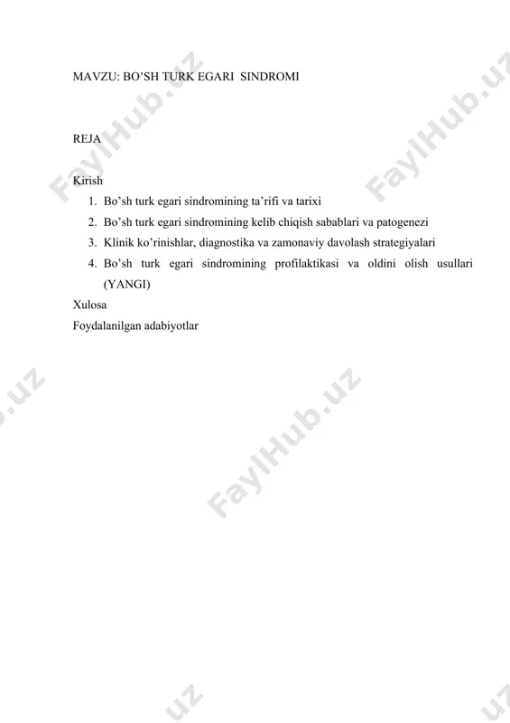 miya-orqa miya suyuqligi gipofiz chuqurchasiga kirib, gipofiz bezini siqib qo’yadi. sindrom nomini turk egari deb ataladigan gipofiz chuqurchasining anatomik shakli tufayli olgan. sindromning tarixiy rivojlanishi bir necha muhim bosqichlarni o’z ichiga oladi. 1951 yilda antonio busch otopsi paytida bir necha bemorda gipofiz chuqurchasining bo’sh bo’lganligini kuzatdi. bu kuzatuv tibbiy adabiyotda sindromning birinchi tasvirlanishi hisoblanadi. 1968 yilda melvin sheehan radiologik usullar yordamida tirik bemorlarda sindromni aniqlash imkoniyatini yaratdi. bu kashfiyot sindromning klinik ahamiyatini oshirdi. 1970-yillarda kompyuter tomografiyasining rivojlanishi bilan sindromning diagnostikasi ancha yaxshilandi. keyinchalik 1980-yillarda magnit-rezonans tomografiyasining joriy etilishi sindromning to’liq va aniq tashxisiga imkon yaratdi. hozirgi davrda endoskopik va mikrojarrohlik usullarning rivojlanishi bilan sindromning davolash imkoniyatlari sezilarli darajada kengaygan. sindrom ikki asosiy turga bo’linadi. birlamchi bo’sh turk egari sindromi tug’ma anatomik nuqsonlar natijasida yuzaga keladi va gipofiz diafragnasining zaifligі yoki yo’qligi bilan bog’liq. bu shakl ko’proq ayollarda kuzatiladi va yoshi 40-60 yoshlar oralig’ida bo’lgan bemorlarda tez-tez uchraydi. ikkilamchi bo’sh turk …